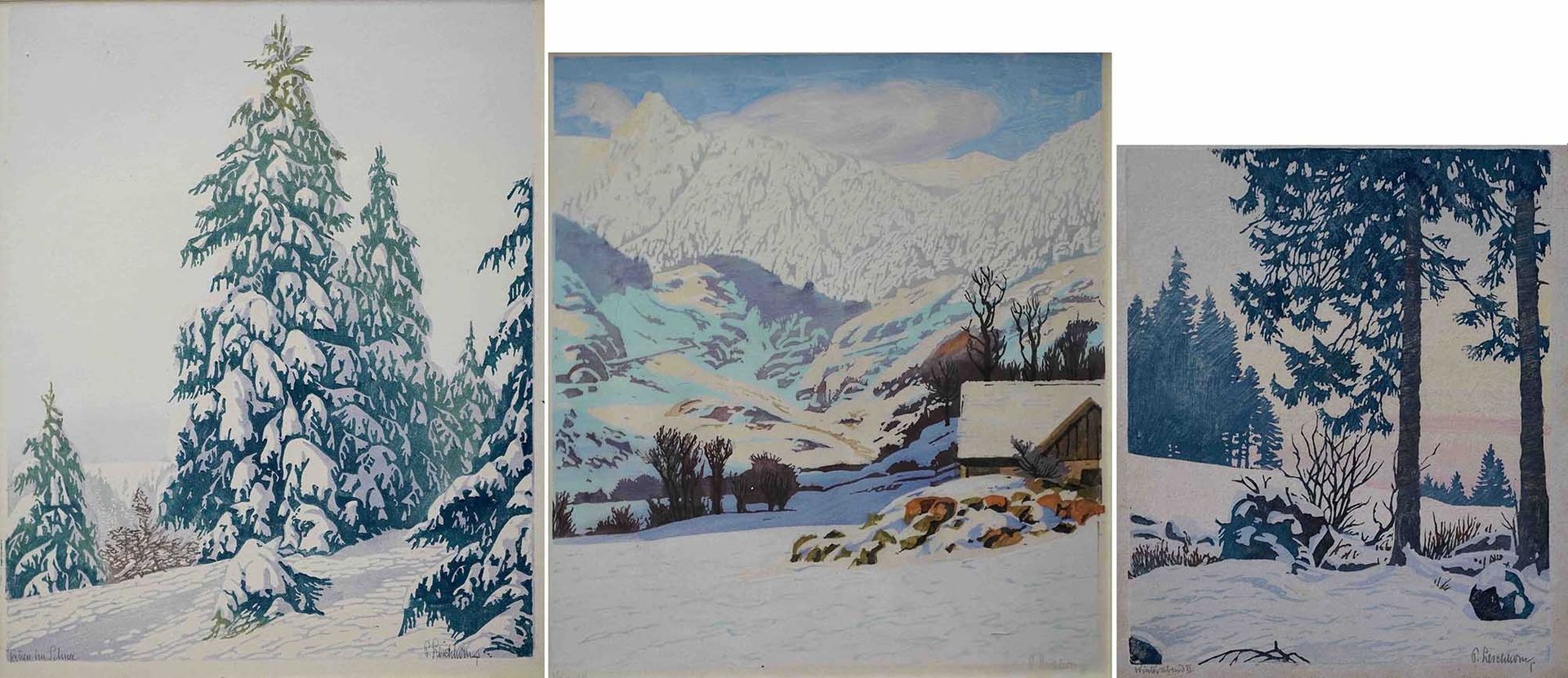 Null Paul LESCHHORN (1876-1952) Chalet enneigé, sapins sous la neige et paysage &hellip;