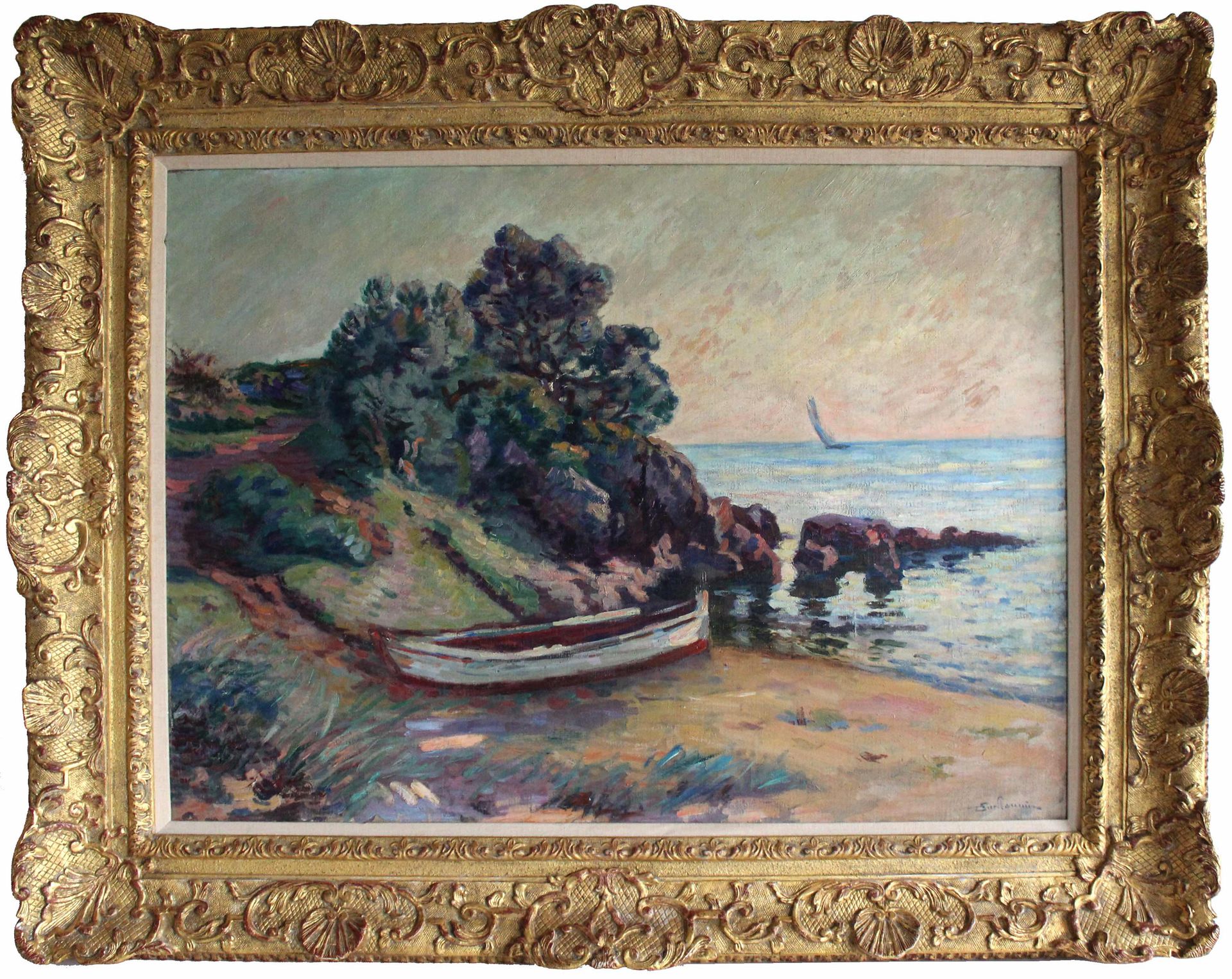 Null Armand GUILLAUMIN (1841-1927) Aguay的船和岩石。布面油画，右下角有签名。背面印有2003年4月26日至11月2日在F&hellip;