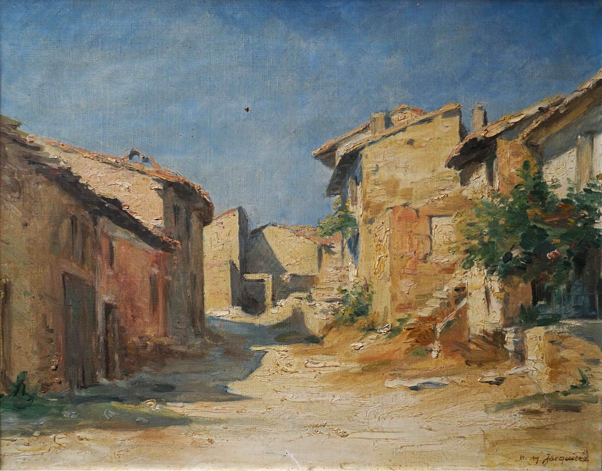 Null 亨利-雅克尔（1878-1921）地中海村。布面油画，右下角有签名。33 x 41厘米。(小事故)