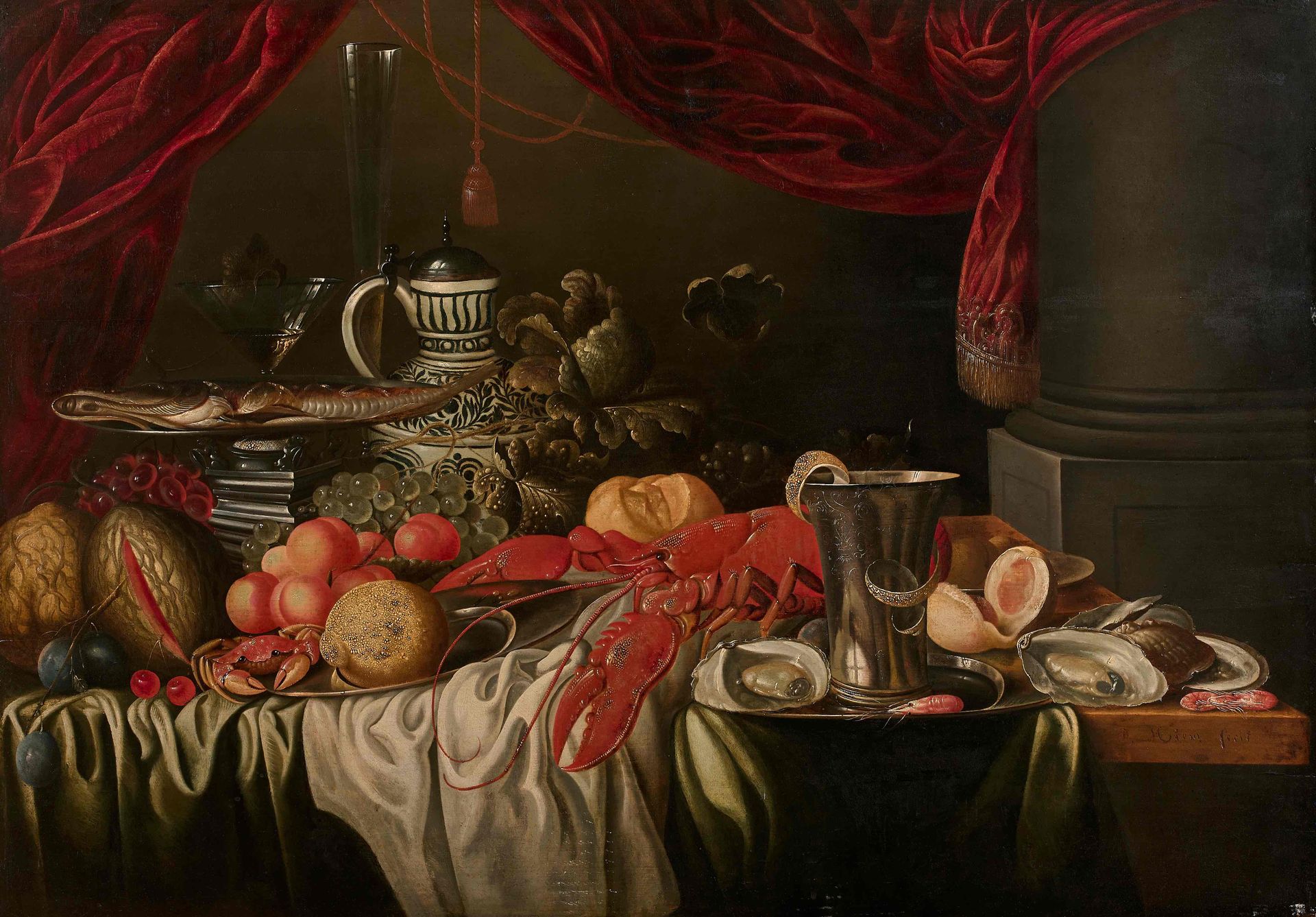Null 17世纪荷兰学派，杨-戴维兹-德-海姆的追随者。静物画中的龙虾和水果放在门板上。镶木板。不含框架。73 x 104厘米。承担了一个报告的签名D。他说。&hellip;