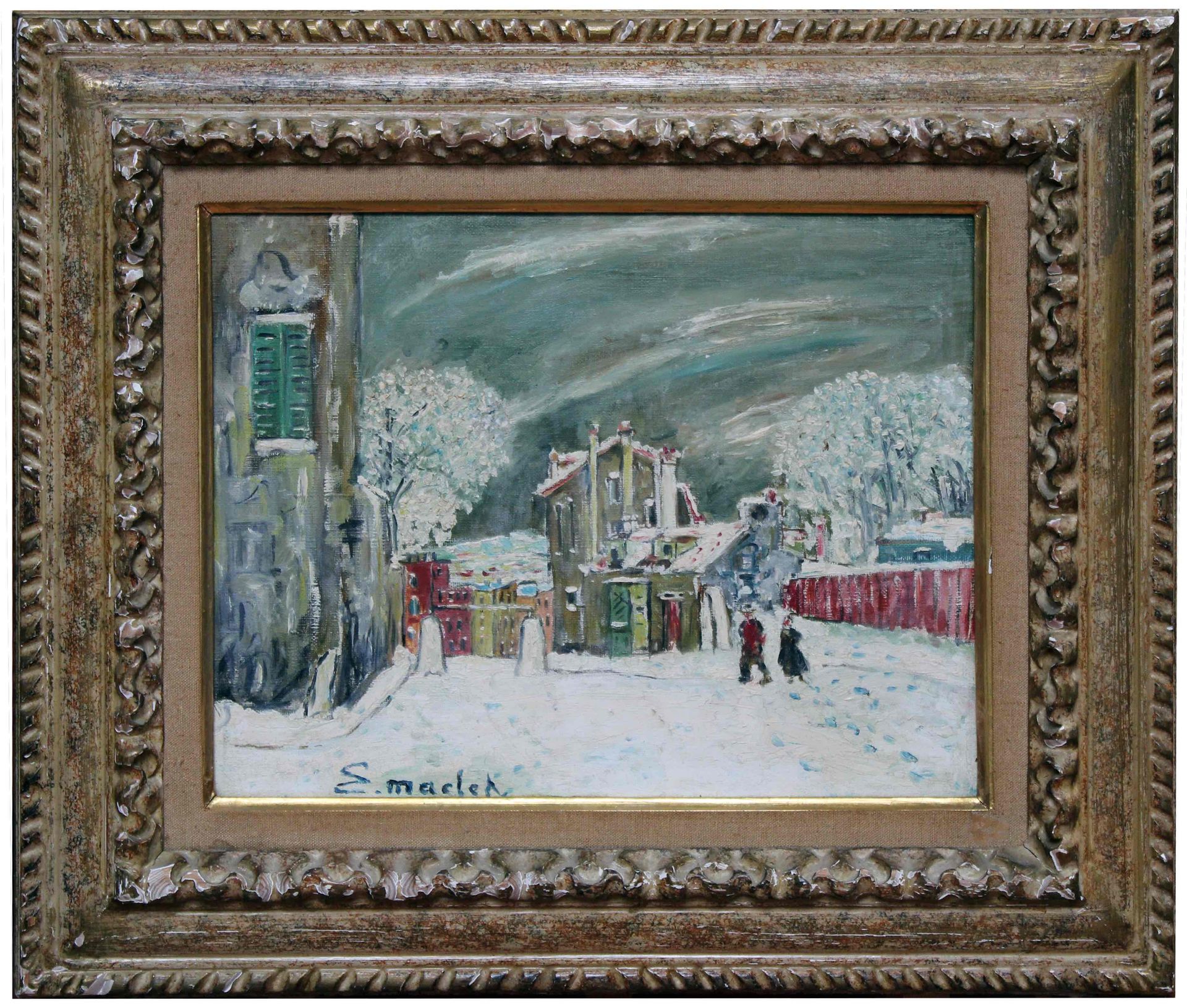Null Elisée MACLET (1881-1962) 雪中的蒙马特。左下角有签名的布面油画，27,5 x 35厘米。雕刻的木质框架，带有灰色的铜锈。