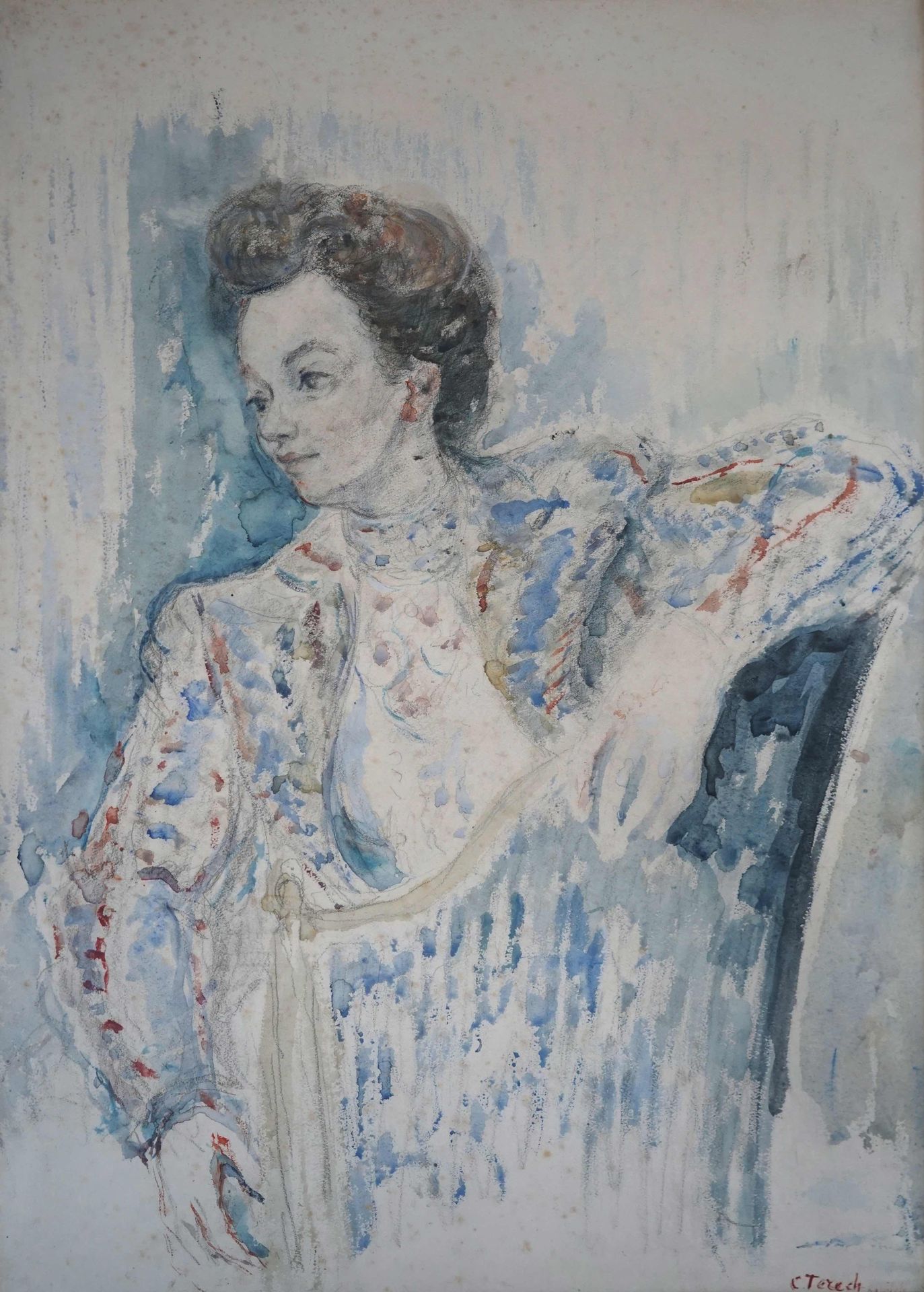 Null Constantin Andreevich TERECHKOVICH (1902-1978) 优雅的女性坐姿。水彩和铅笔签名。66 x 48厘米。