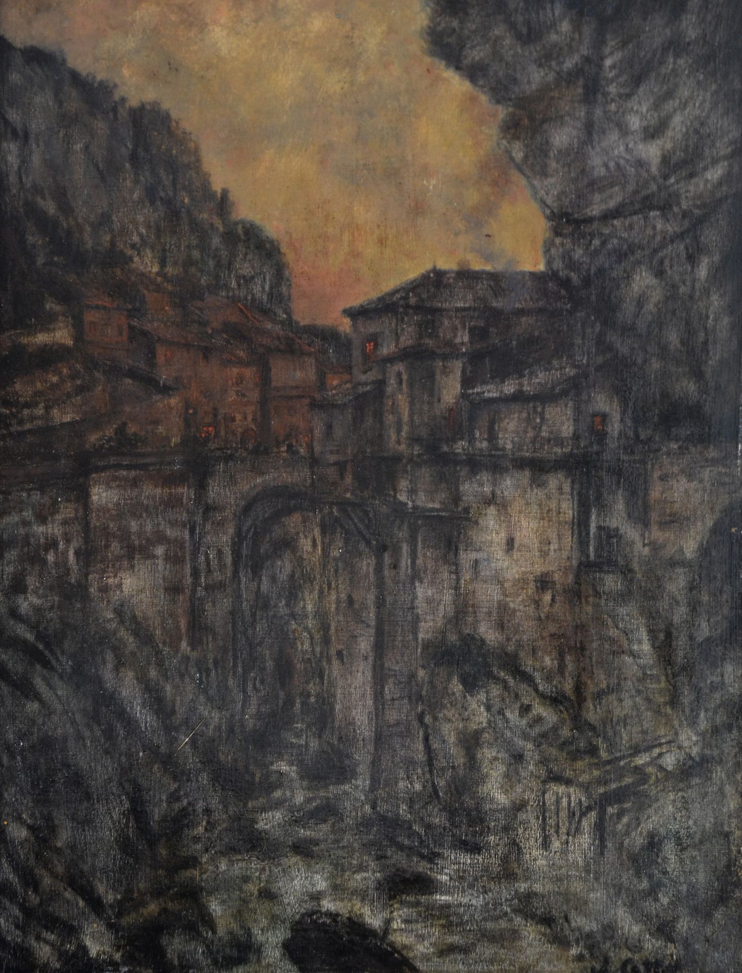 Null Charles COTTET (1863-1925) 黄昏时分的桥。右下角有签名的板面油画。 40,5 x 32 cm (Revern)