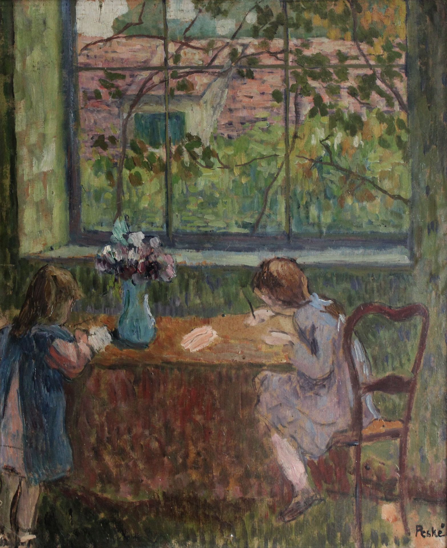 Null Jean PESKE (1870-1949) 家庭作业。纸板上的油画，右下方有签名。背面是一个女孩写作的研究。(左下角的小缺)。45 x 35 cm &hellip;