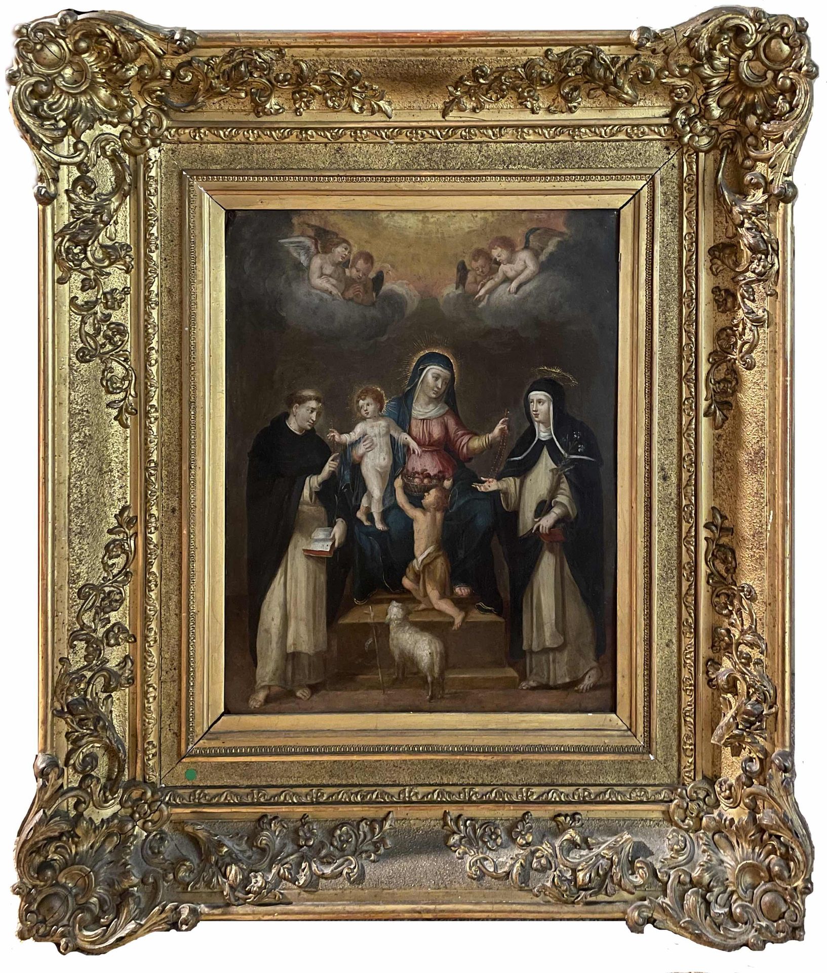 Null 十八世纪的学校。玫瑰圣母，圣多米尼克和锡耶纳的圣凯瑟琳之间的玛丽。板上油彩。37 x 29,5厘米（修复和重绘） 美丽的镀金和灰泥木框，边缘喷砂，背面&hellip;
