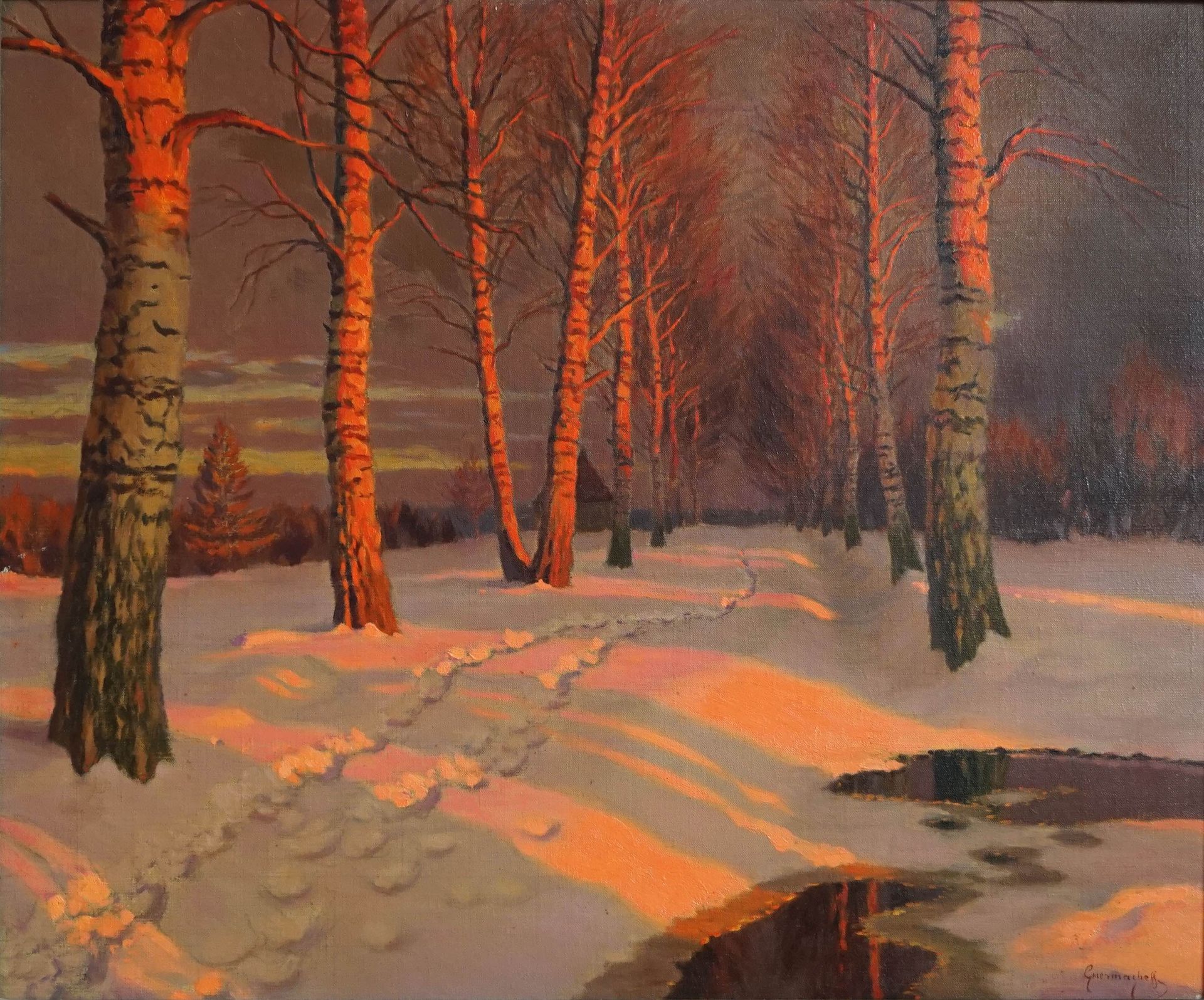 Null 
Michail Markianovic GUERMACHEFF (1867-1930) 霞光中的雪路。布面油画，右下角有签名。54 x 65厘米（略&hellip;