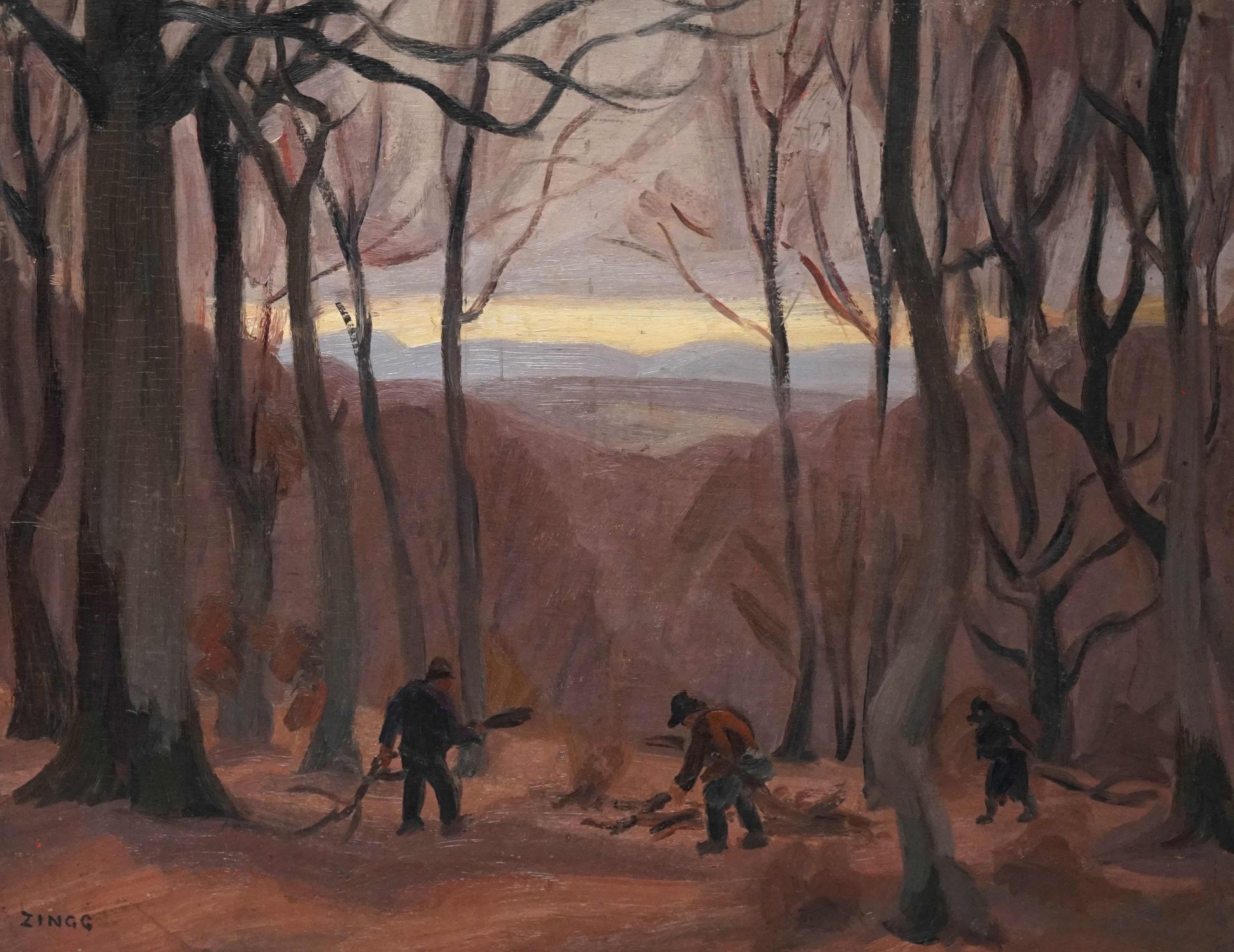 Null Jules-Emile ZINGG (1882-1942) Les ramasseurs de bois. Huile sur toile signé&hellip;