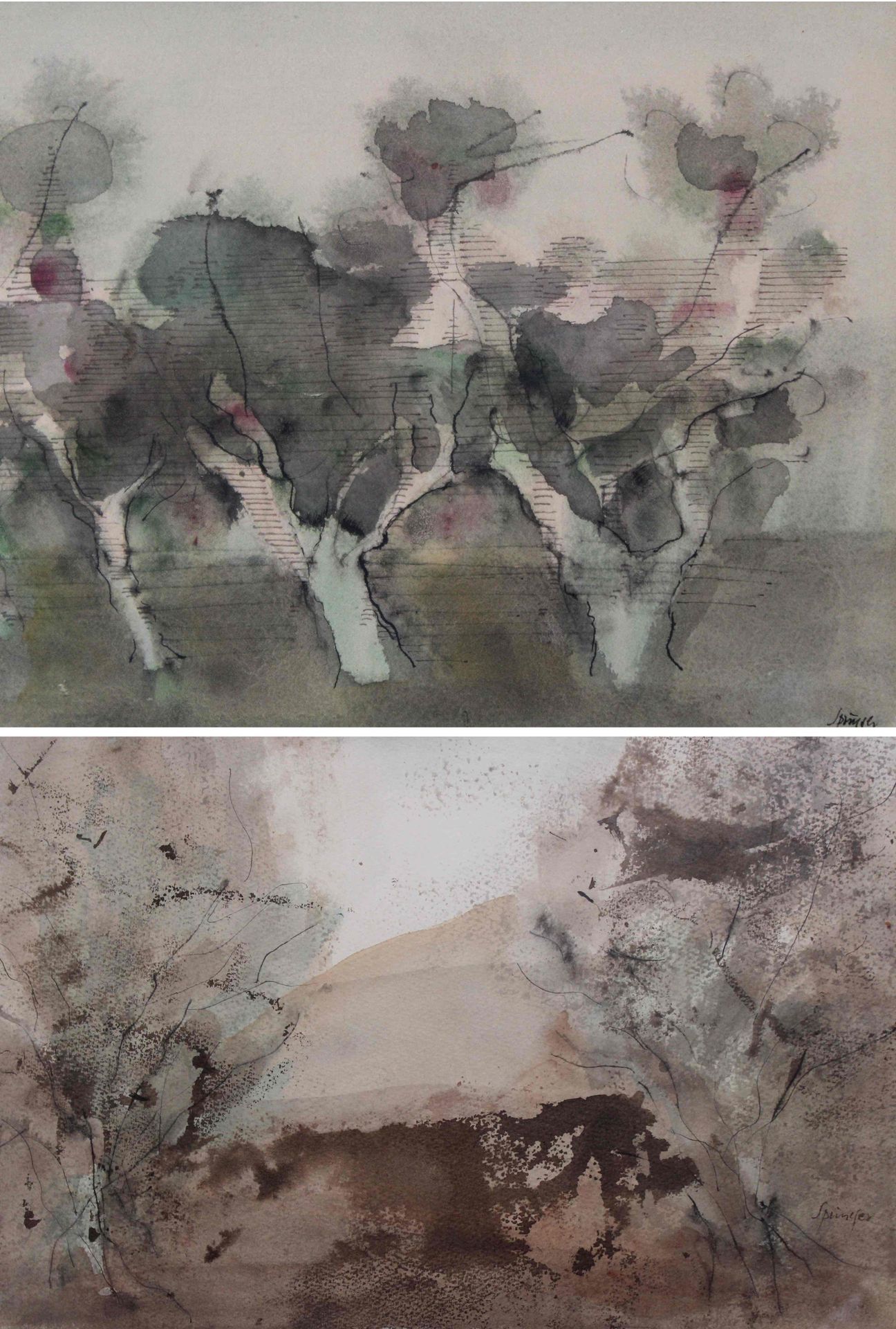 Null 费迪南-斯普林格（1907/08-1998） 三棵树，和两棵棕色的树。两幅水墨和彩色水墨画，右下角有签名。20,5 x 25,5厘米和24 x 36厘&hellip;