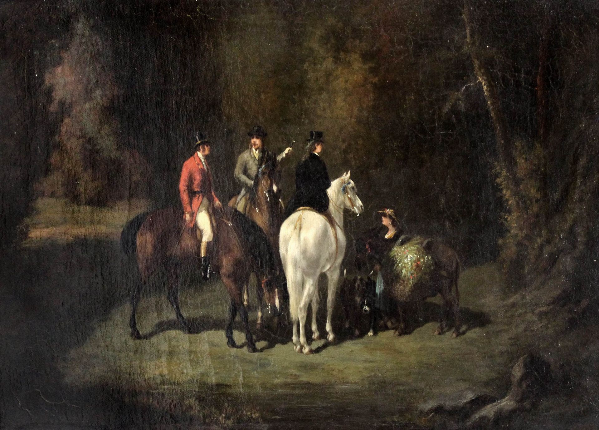 Null Ecole française XIXe. Discussion entre cavaliers dans une clairière. Huile &hellip;