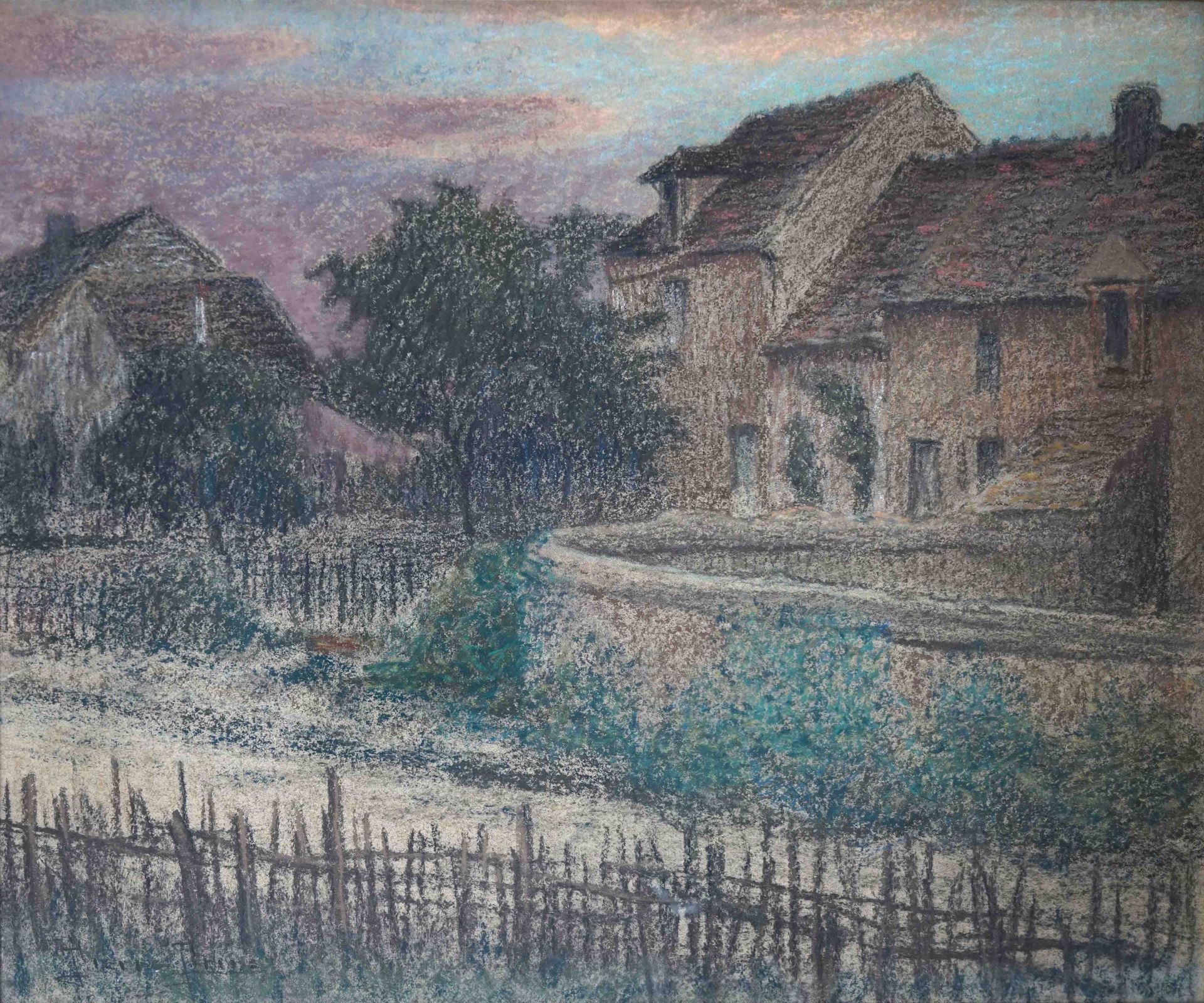 Null 皮埃尔-欧内斯特-普林斯（1838-1913）屋前有障碍物的小路。左下角有签名的粉彩画 44 x 53 cm