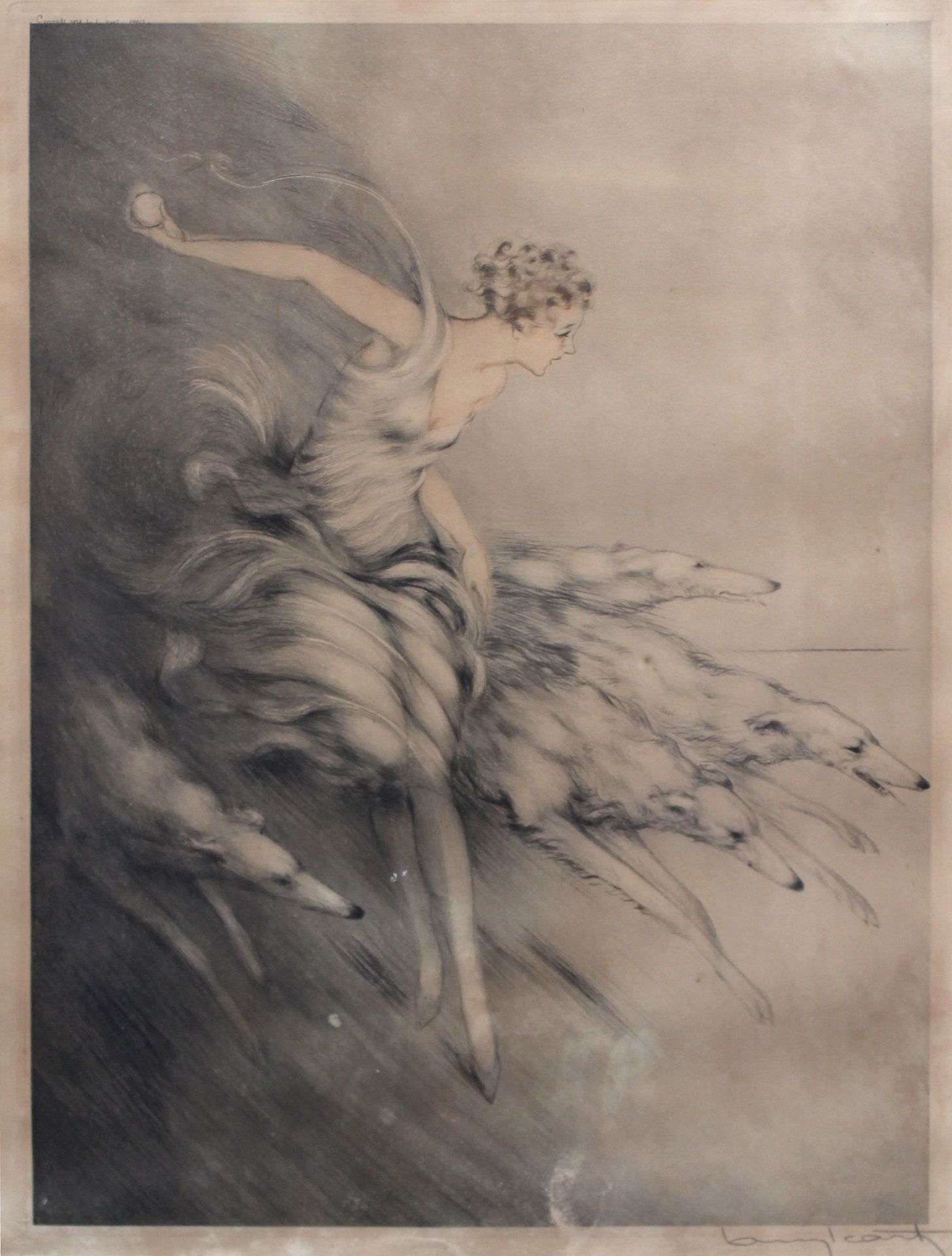 Null Louis ICART (1888-1950) 女人向她的灰狗扔球。右下角有签名的干刻和彩色水印。Copyright 1928. 52 x 37 cm&hellip;