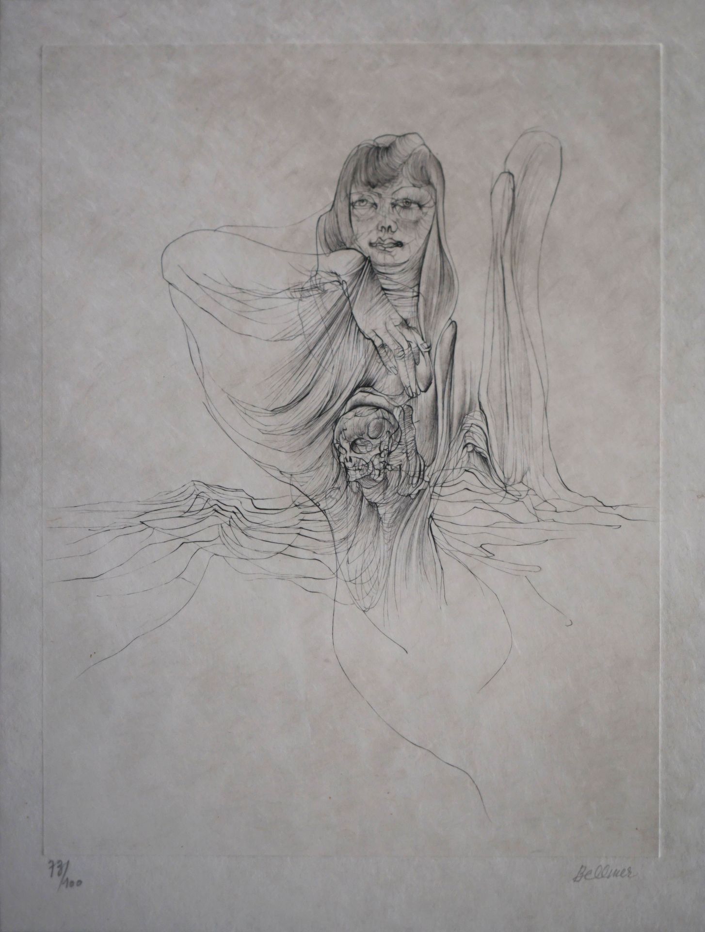 Null 汉斯-贝尔梅尔（1902-1975）。有头骨的女人。石版画右下方有签名，编号为73/100。32 x 24厘米。