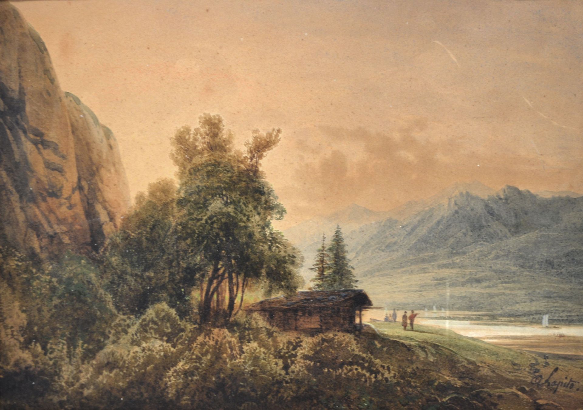 Null Louis Auguste LAPITO (1803-1874) Promeneurs devant un chalet en montagne. A&hellip;