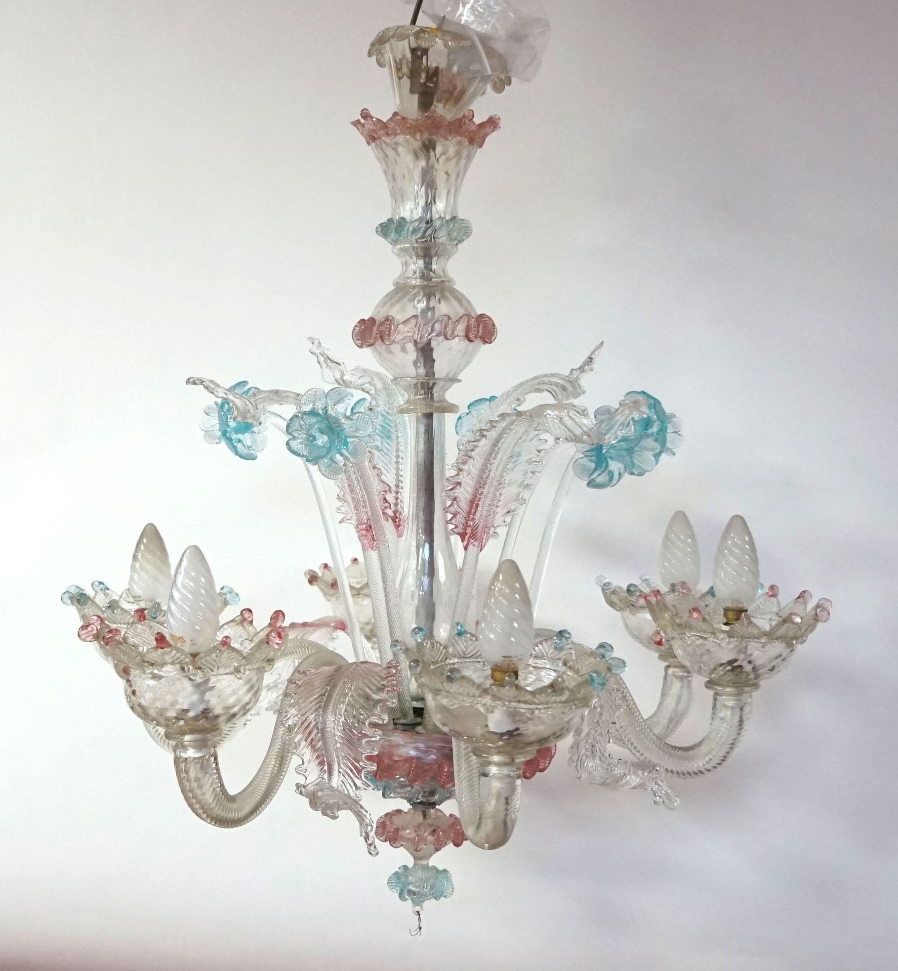 Null Transparentes und farbiges venezianisches Glas LUSTRE mit sechs Lichtern. H&hellip;