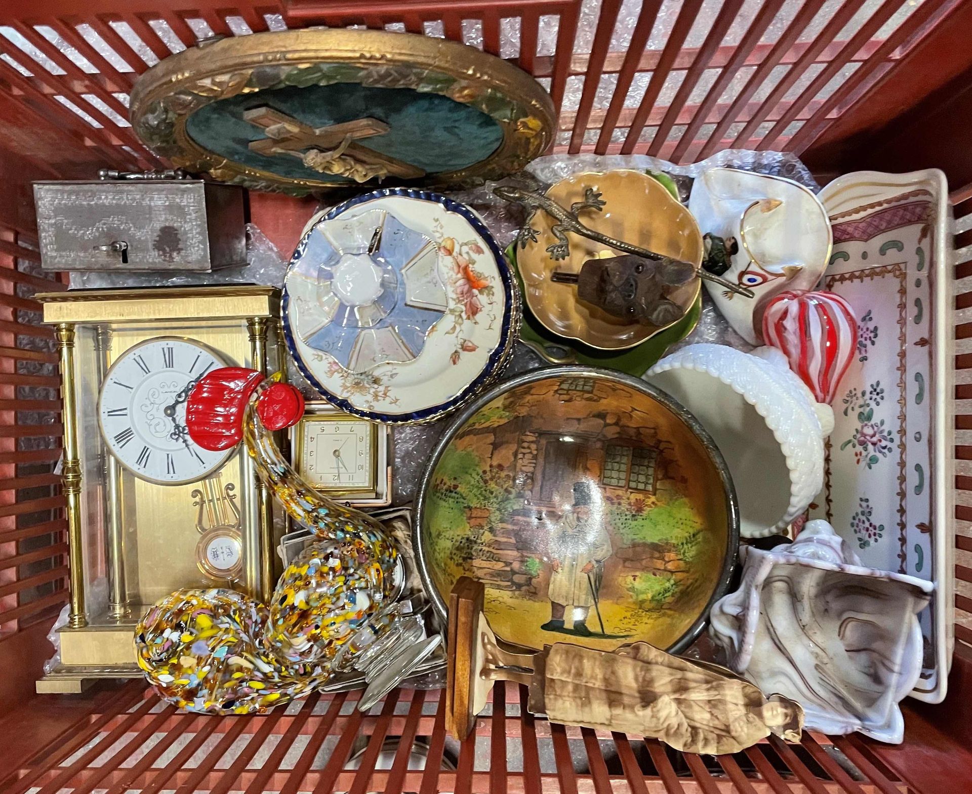 Null Case of trinkets including LANCEL clock, two alarm clocks, iron box, salad &hellip;