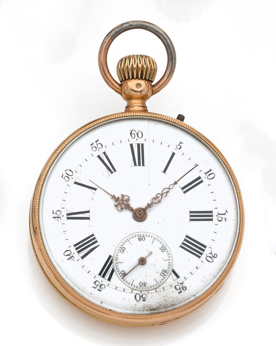 Null 
GOUSSET手表，黄金750密耳，白色珐琅表盘上有小时和分钟的双重编号，六点钟方向有小表盘。 黄金对杯，鎏金金属表圈。毛重77.7克，高6.7厘米&hellip;