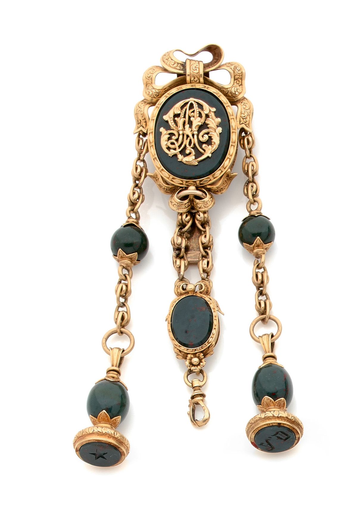 Null Beautiful CHATELAINE in yellow gold 750 mil. Guilloche and blood jasper the&hellip;