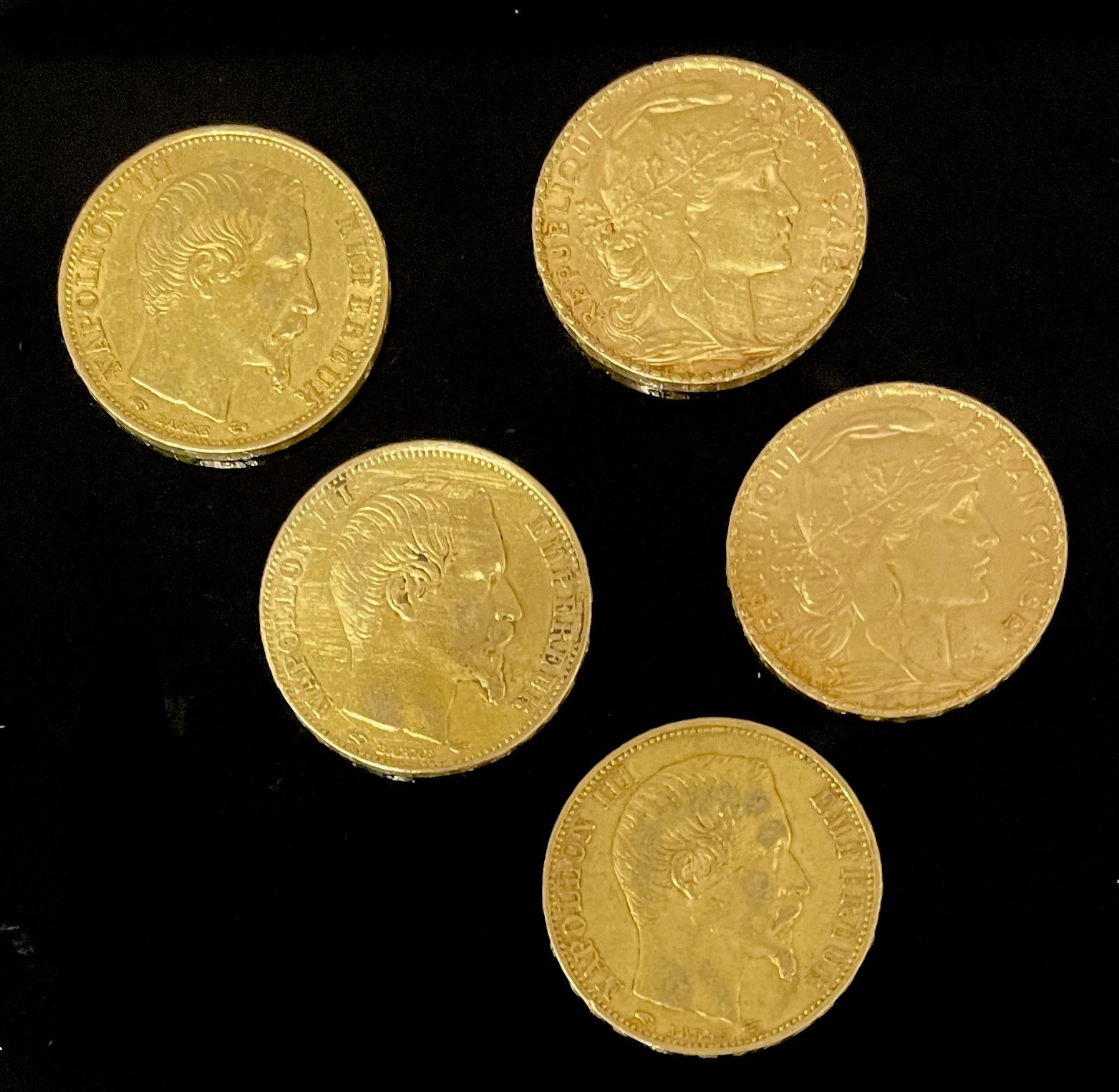 Null FIVE PIECES of 20 fr. Gold Napoleon III 3 non laurel 2 Marianne