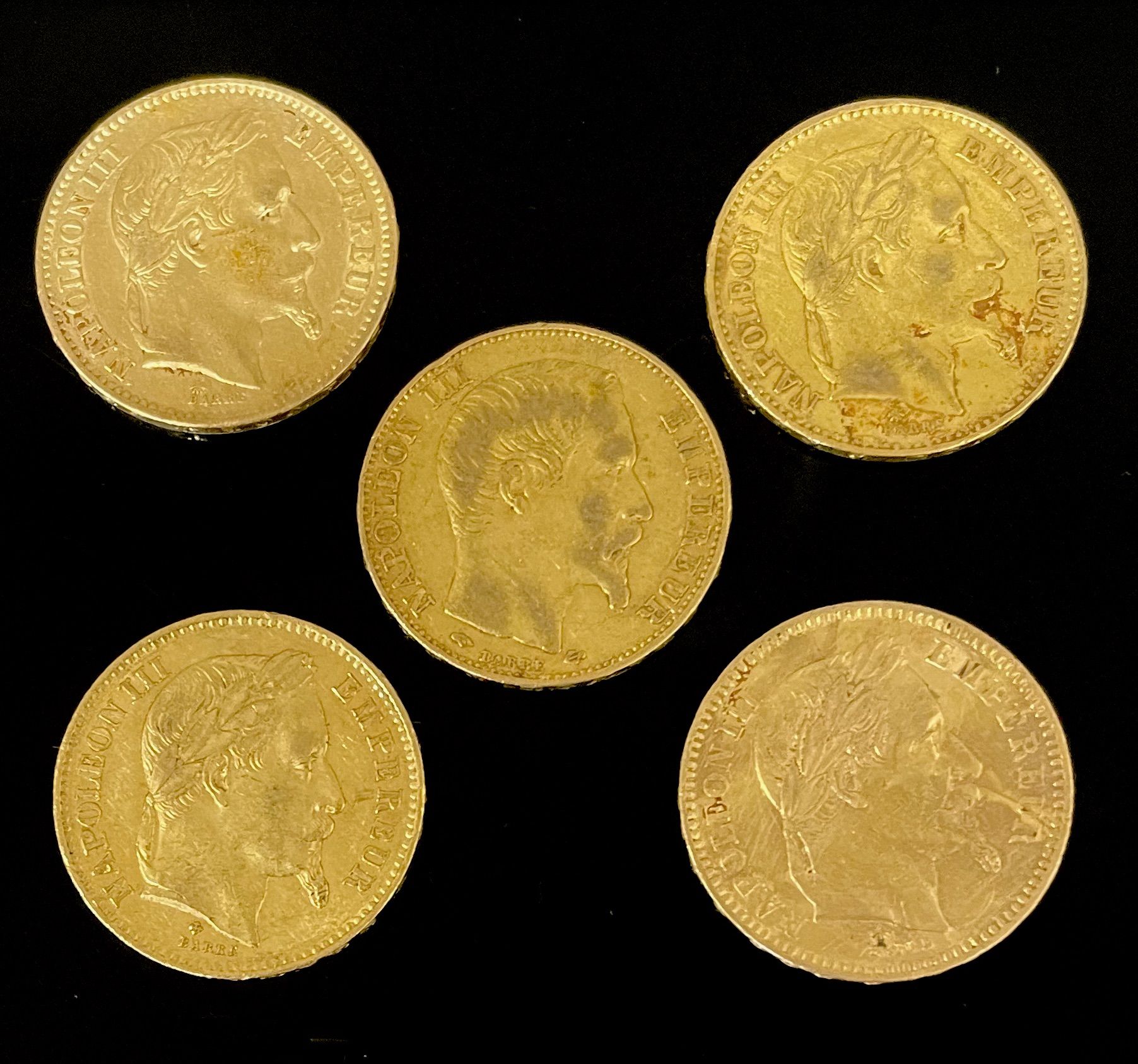 Null FIVE PIECES of 20 fr. Gold Napoleon III one non laurel and four laurels