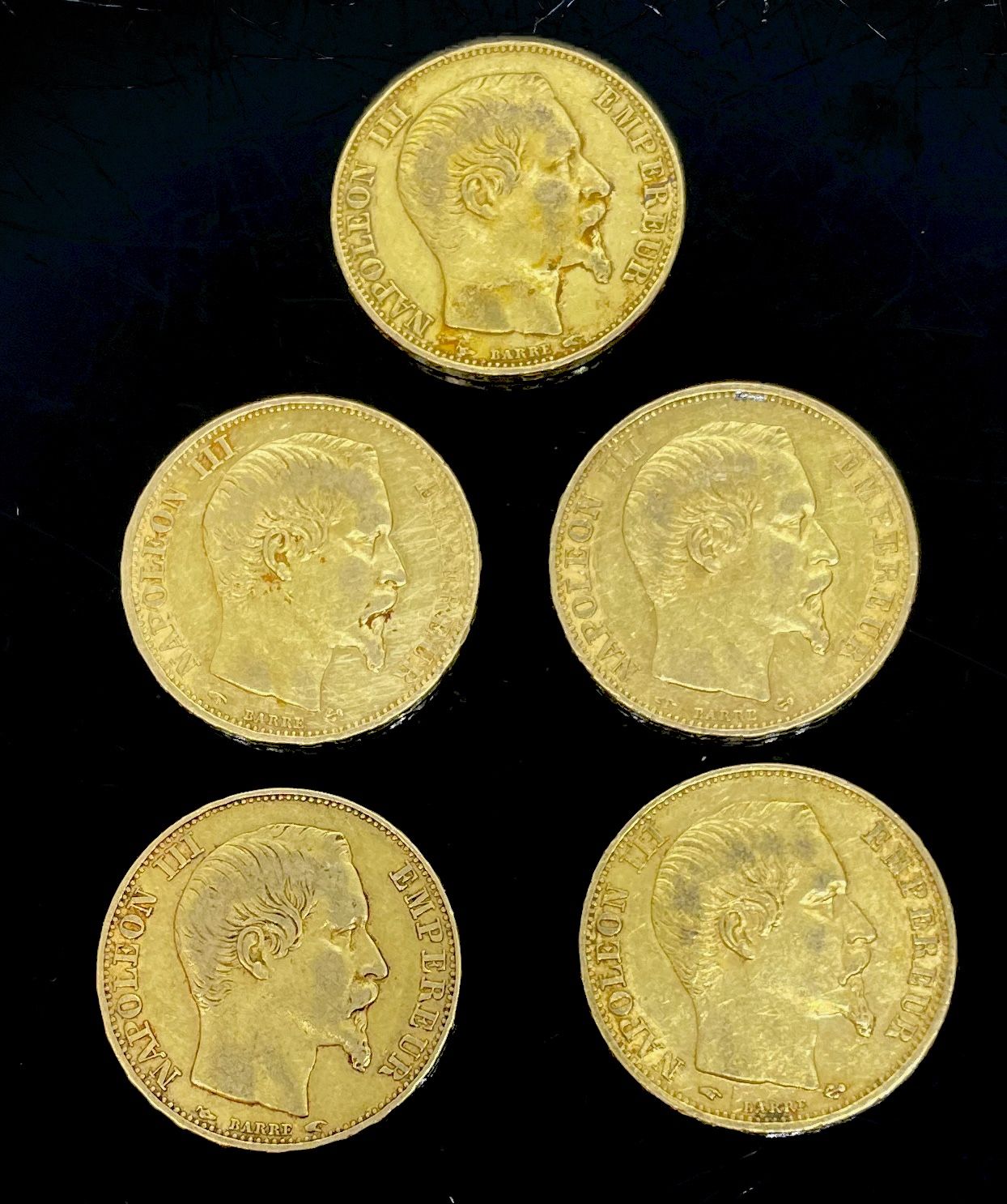 FIVE PIECES of 20 fr. Gold Napoleon III non laure