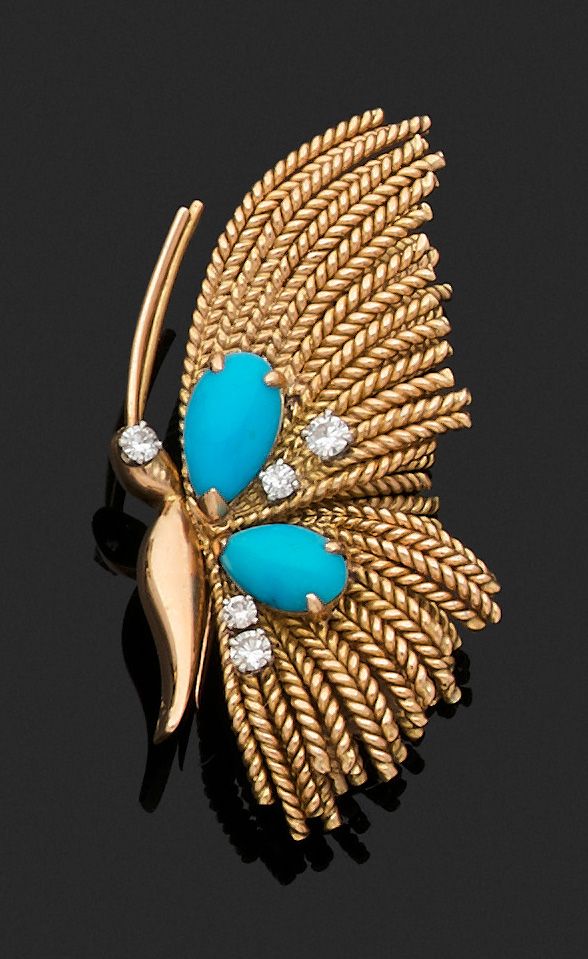 Null 黄金和750密耳黄金线 "蝴蝶 "胸针，镶嵌绿松石和钻石凸圆形。约1950-1960年。毛重 17,8 g