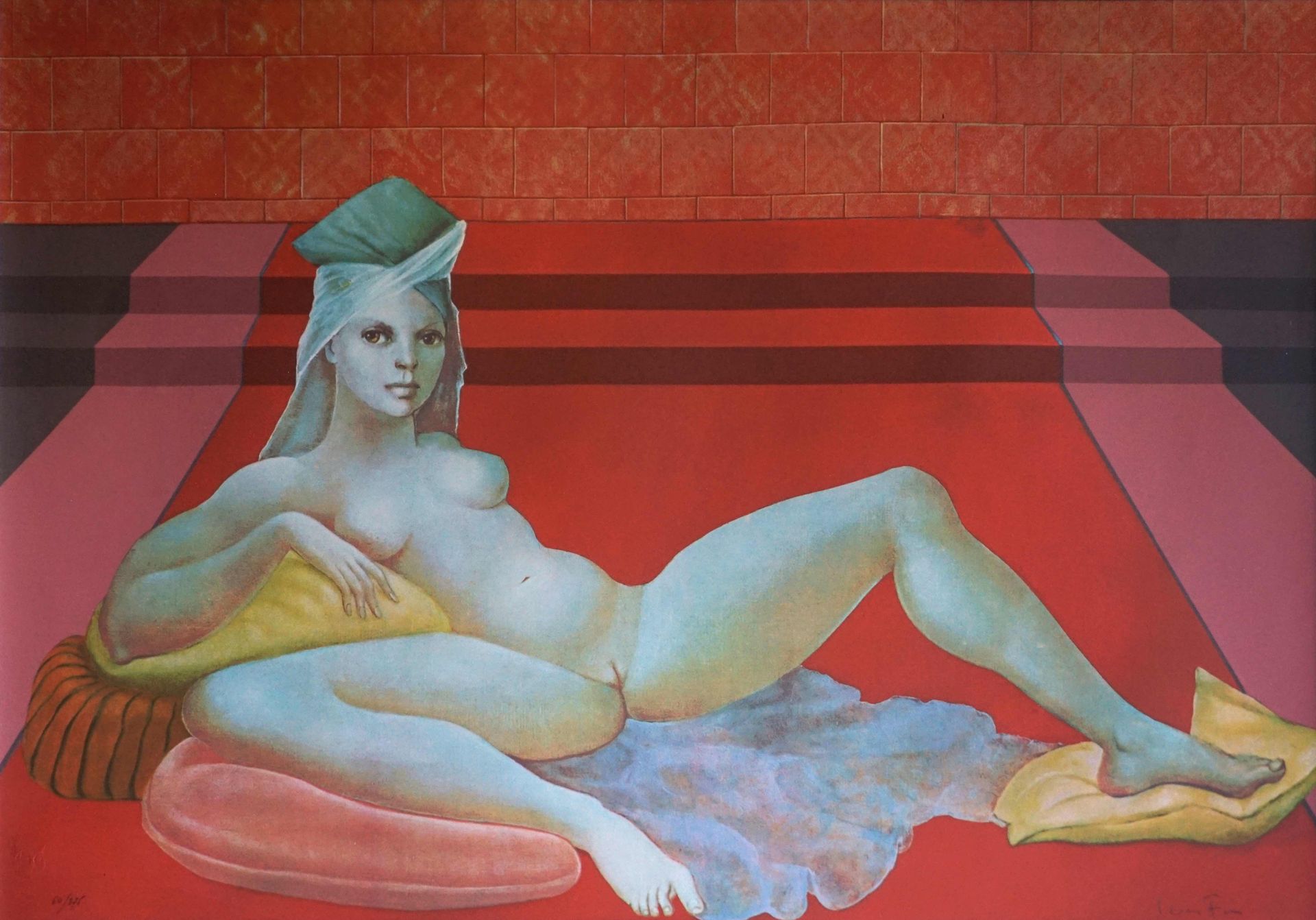 Null Leonor FINI (1907-1996) 女性裸体。右下角有签名的彩色石版画，编号为60/275，49 x 70 cm