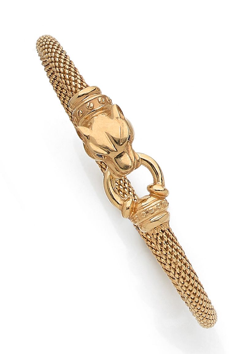 Null Rigid opening BRACELET in yellow gold 750 mils, the clasp with a feline hea&hellip;