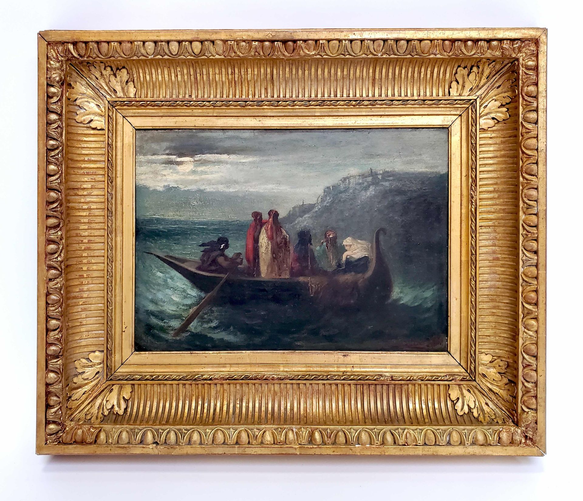 Null François Germain Léopold TABAR (1818-1869) 东方人物在博斯普鲁斯海峡的船上。右下角有签名的面板油画，日期为1&hellip;