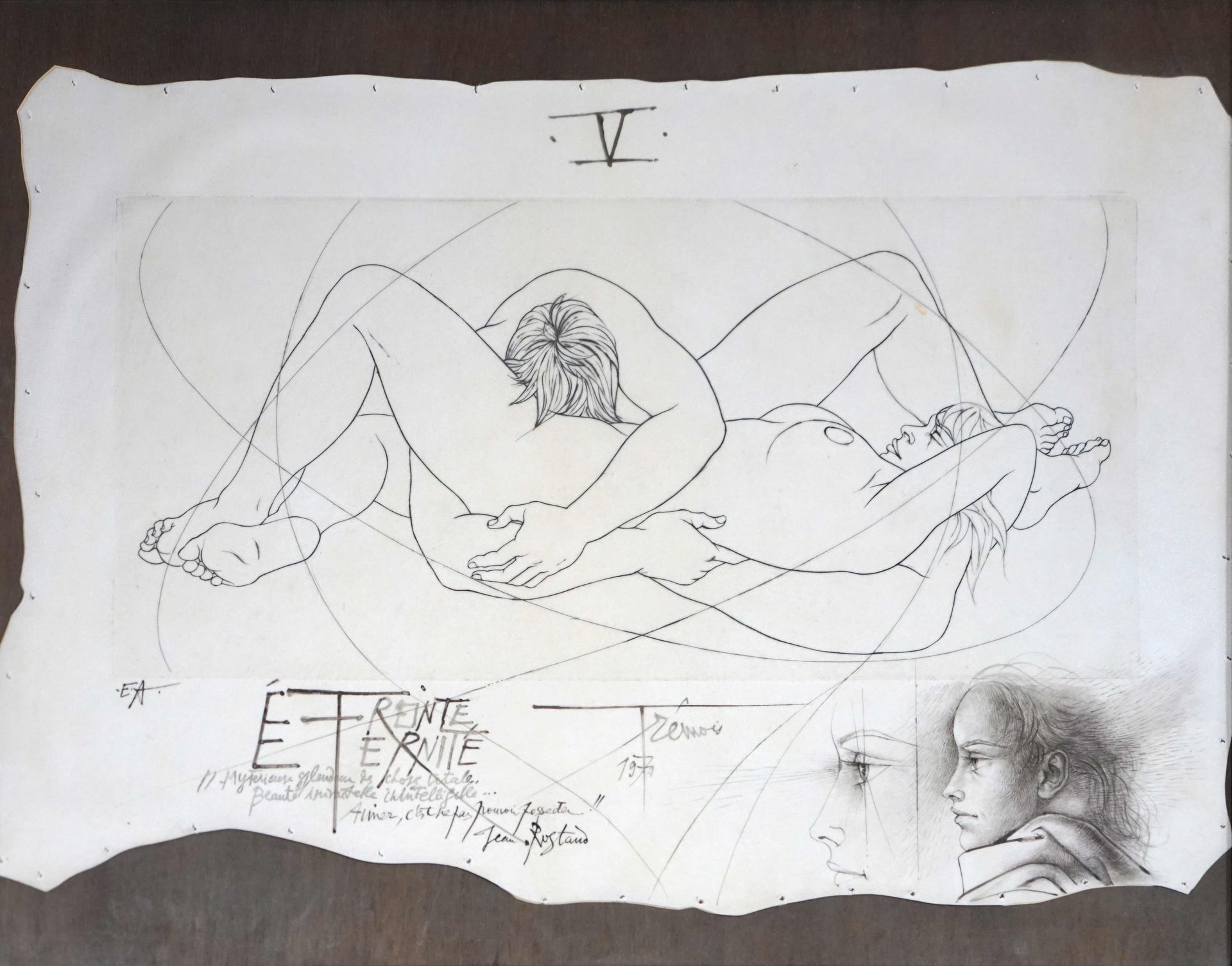 Null Pierre-Yves TRÉMOIS (1921-2020)。永恒的怀抱。艺术家在羊皮纸上的样张，有签名、标题、日期为1970年，并在让-罗斯特的引&hellip;