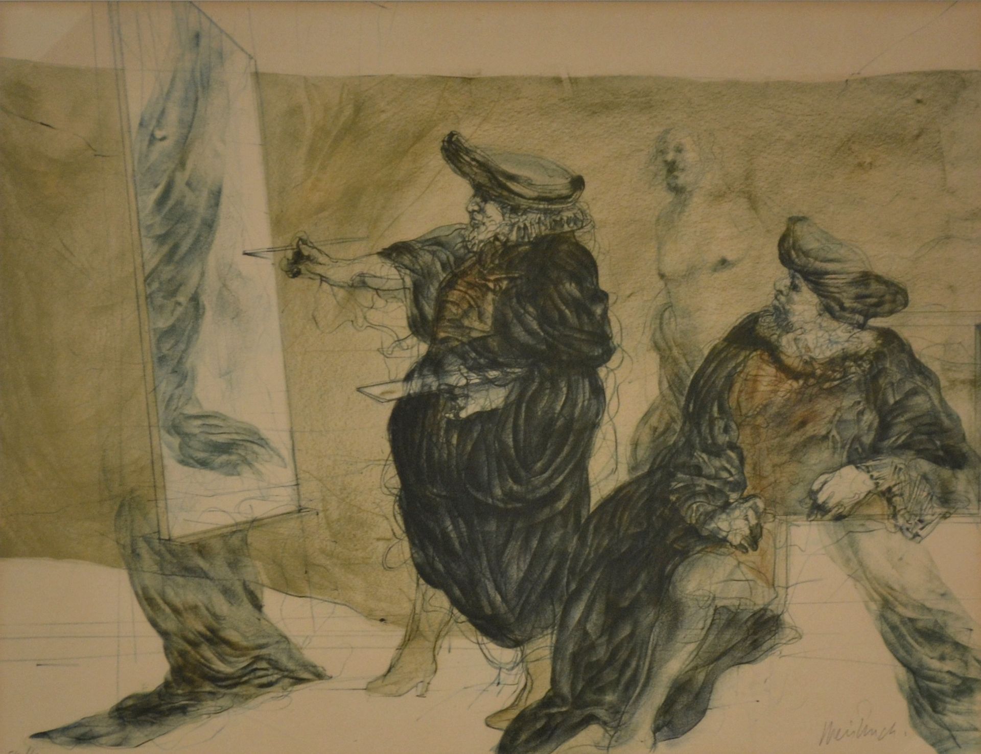 Null Claude WEISBUCH (1927-2014) 画家和他的助手。右下角有签名的彩色石板画，编号为54/160，54 x 74 cm