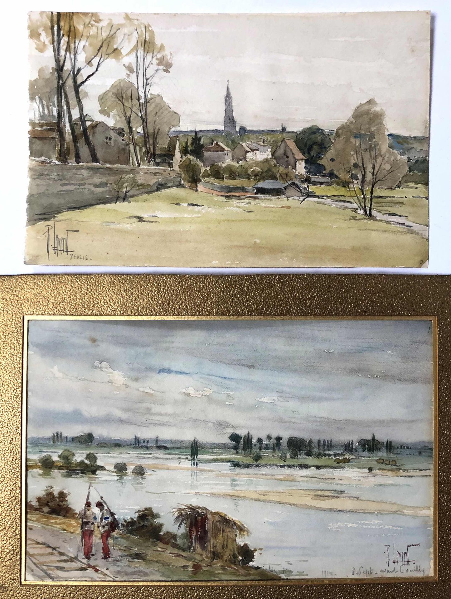 Null 勒内-勒沃特（1872-1938）。森利斯和士兵们的水景，上面写着 "1914年9月8日 "的注释。在Gouilly之前"。两幅签名的水彩画。13 x&hellip;