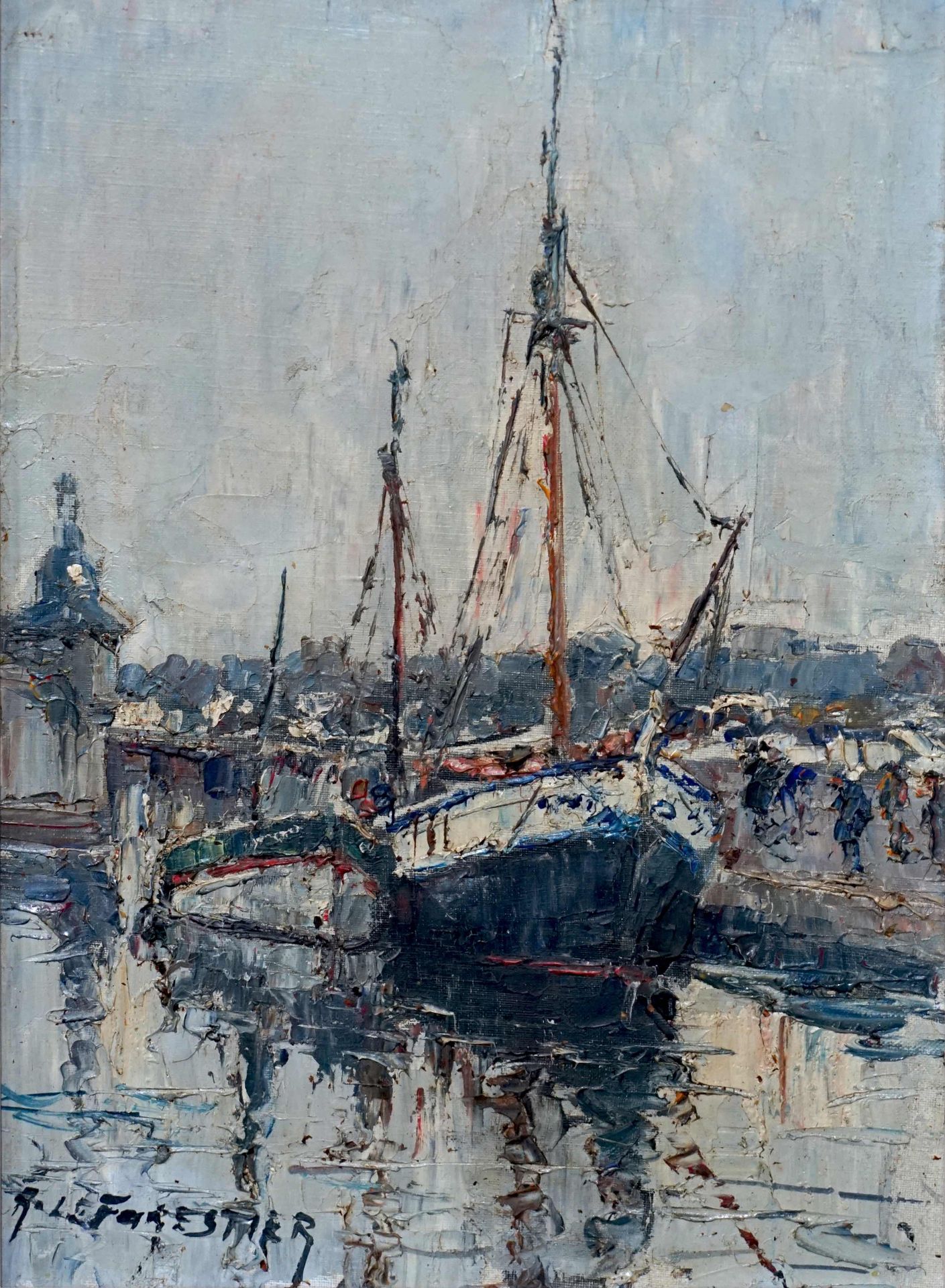 Null René LEFORESTIER (1903-1972) 港口的拖网渔船。布面油画，左下方有签名。33 x 24 厘米