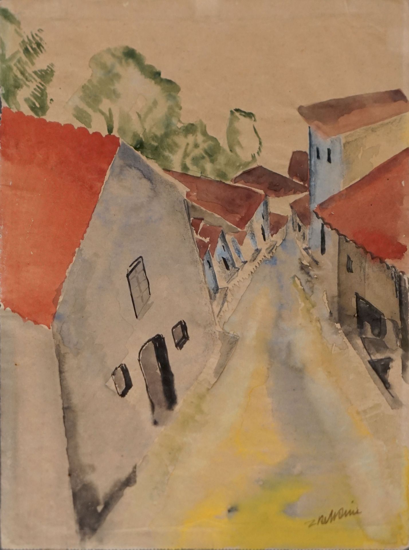 Null Ossip ZADKINE (1888-1967) 村街，约1916-1917 纸上水彩画，右下方有签名。26.3 x 21.4 厘米