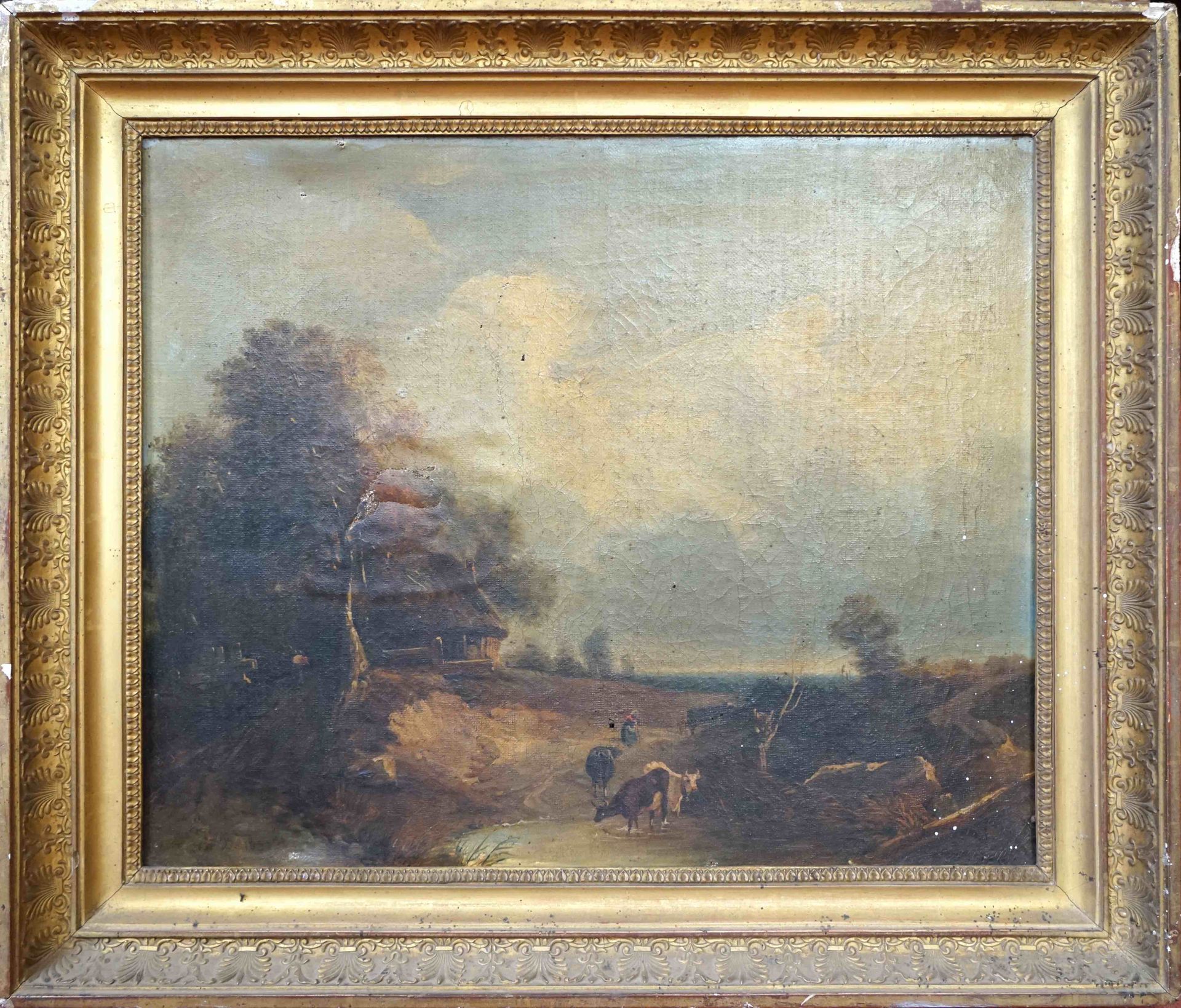Null François-Edouard BERTIN (1797-1871)(归属。)牛饮。布面油画，右下角标有字样和日期。事故和修复。38 x 46厘米。