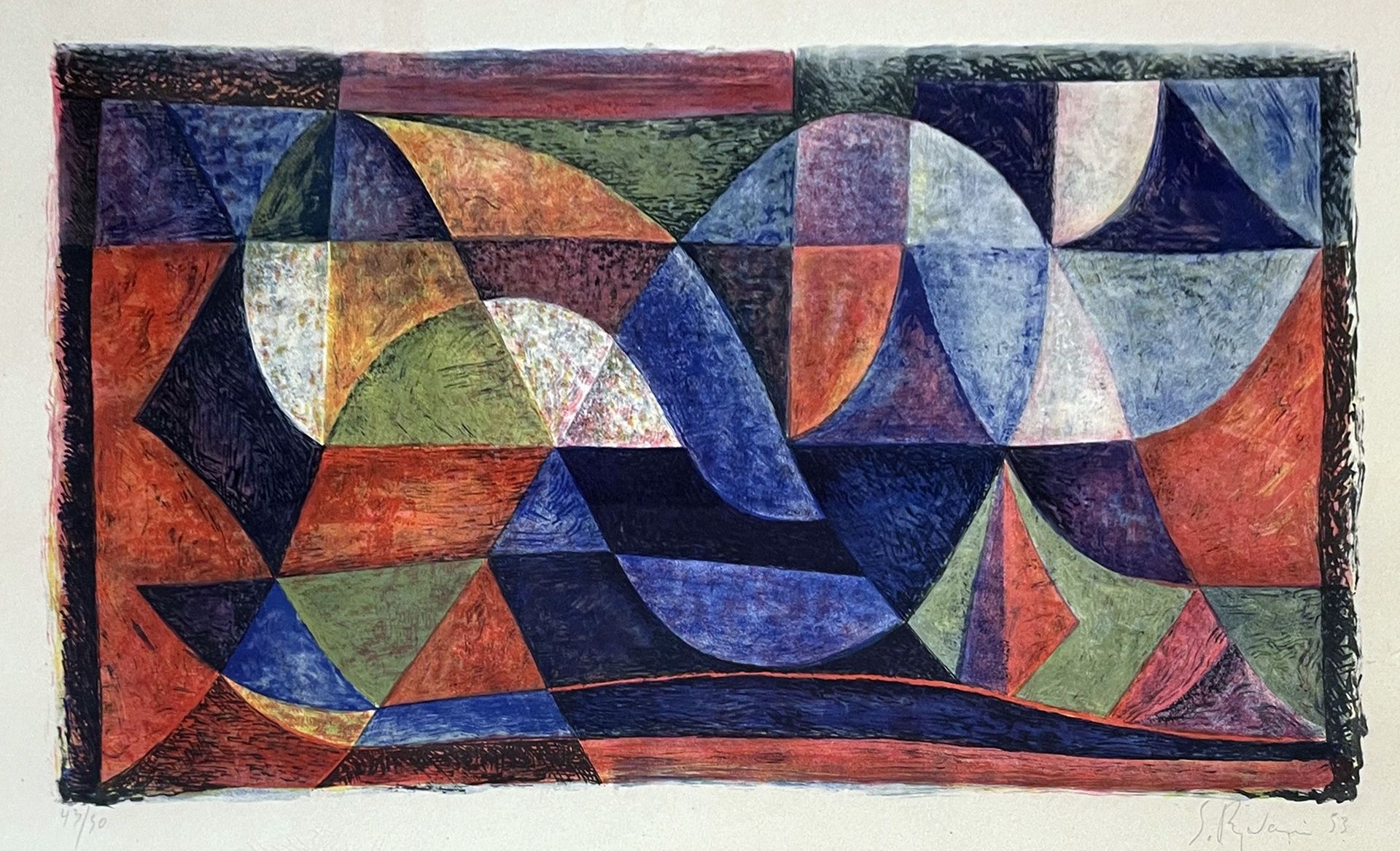 Null 谢尔盖-雷兹瓦尼（1928）。彩色的几何构图，1953年。右下角有签名和日期的石版画53。27 x 36 厘米