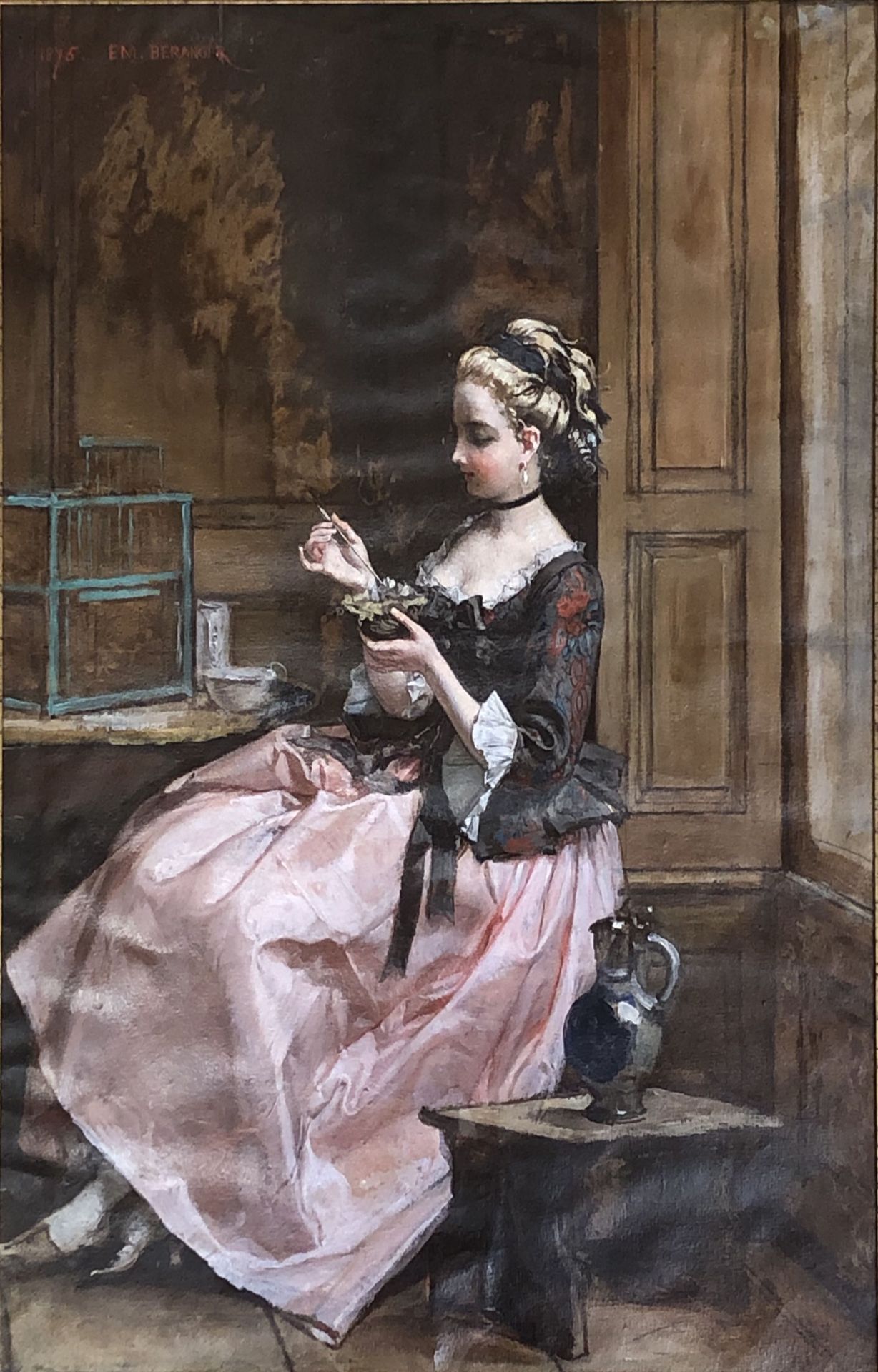 Null 埃米尔-贝朗格（1814-1883）（归属）。缝纫的年轻女子，左上角有签名和日期，还有带着红丝带的年轻女子的画像。在纸上两面涂油。缝合孔。52 x 3&hellip;