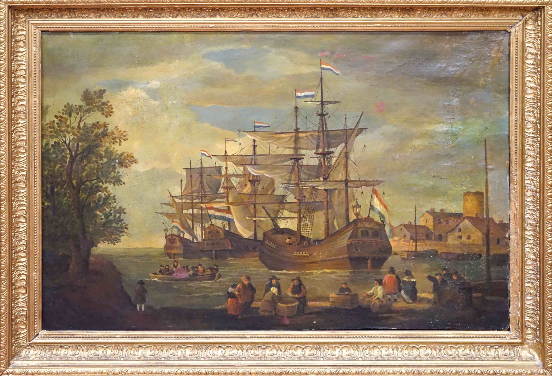 Null Dutch school XVIIIth-XIXth. Harbor scene. Oil on canvas. 57 x 80 cm. Accide&hellip;