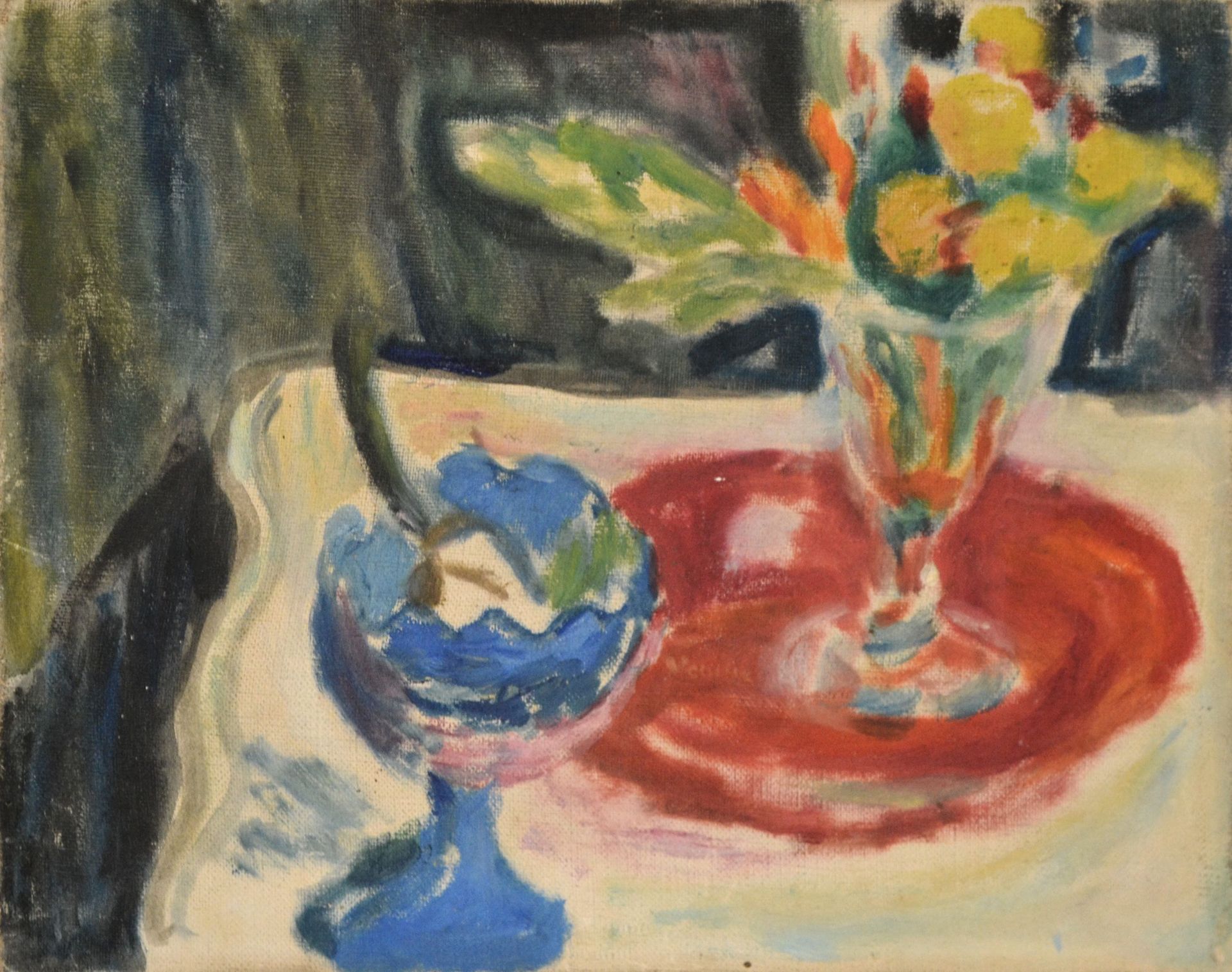 Null Jean VENITIEN (1911-1995) Nature morte au verre et à la coupe. Huile sur to&hellip;