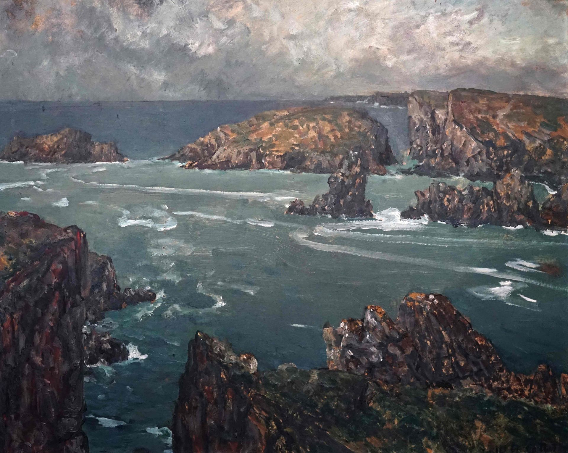 Null Charles COTTET (1863-1925) 海岸风景。右下角有签名的板上油画。