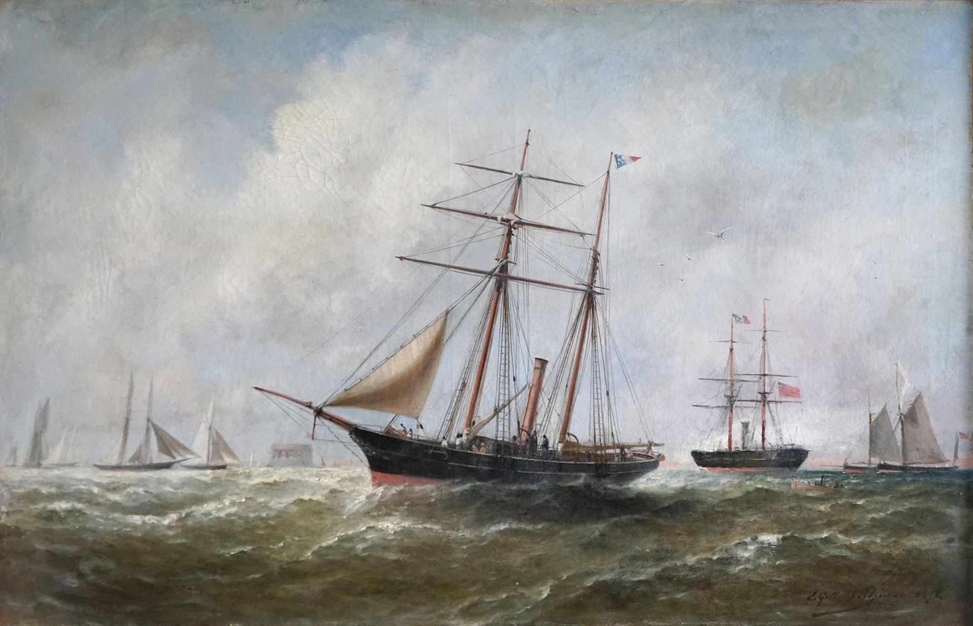 Null 保罗-查尔斯-埃马纽埃尔-加拉尔-莱比奈（1842-1885）。美国船只。布面油画，右下角有签名和日期。52 x 80 cm 事故和修复。