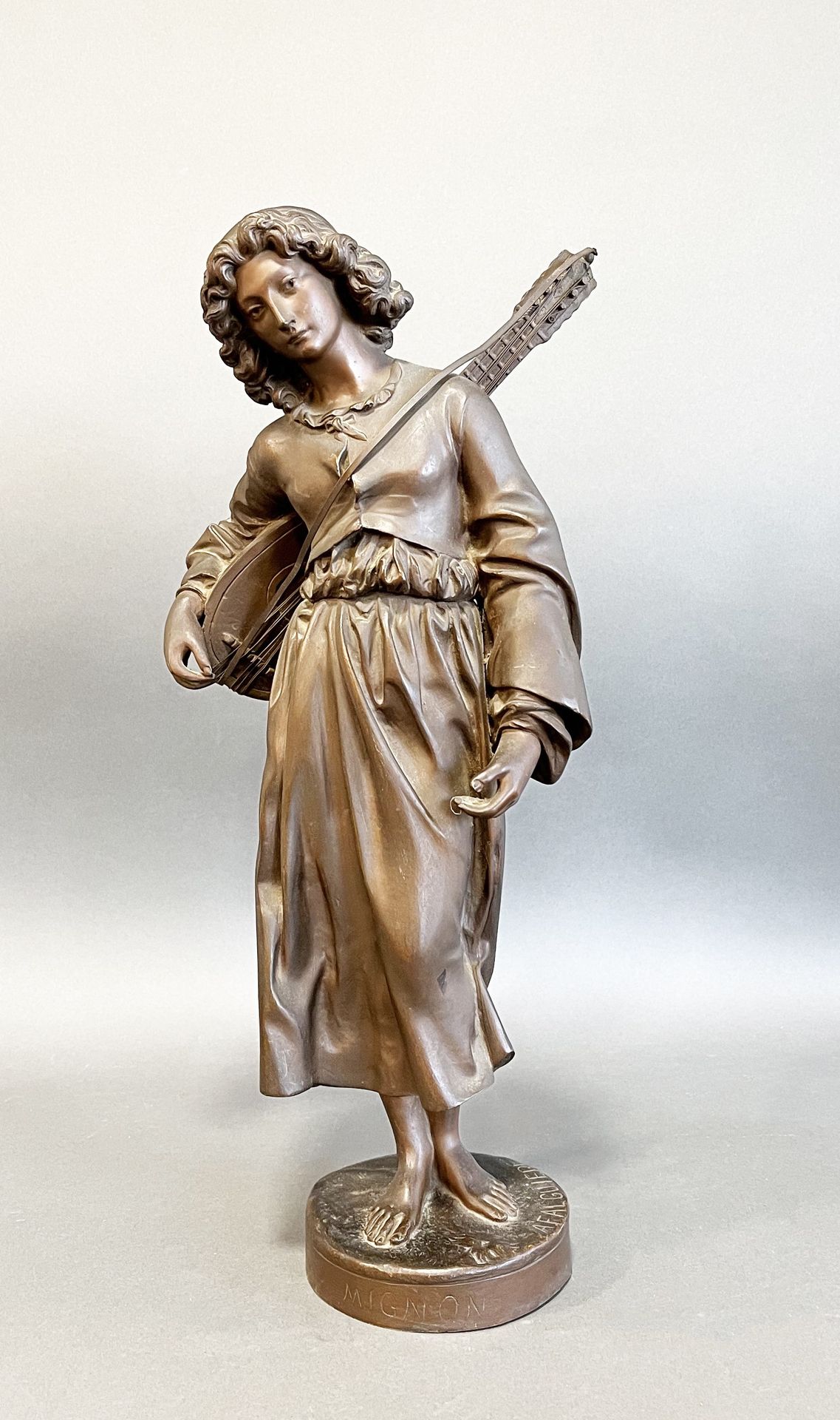Null Alexandre FALGUIERE (1831-1900). Mignon with a mandolin. Proof in bronze wi&hellip;