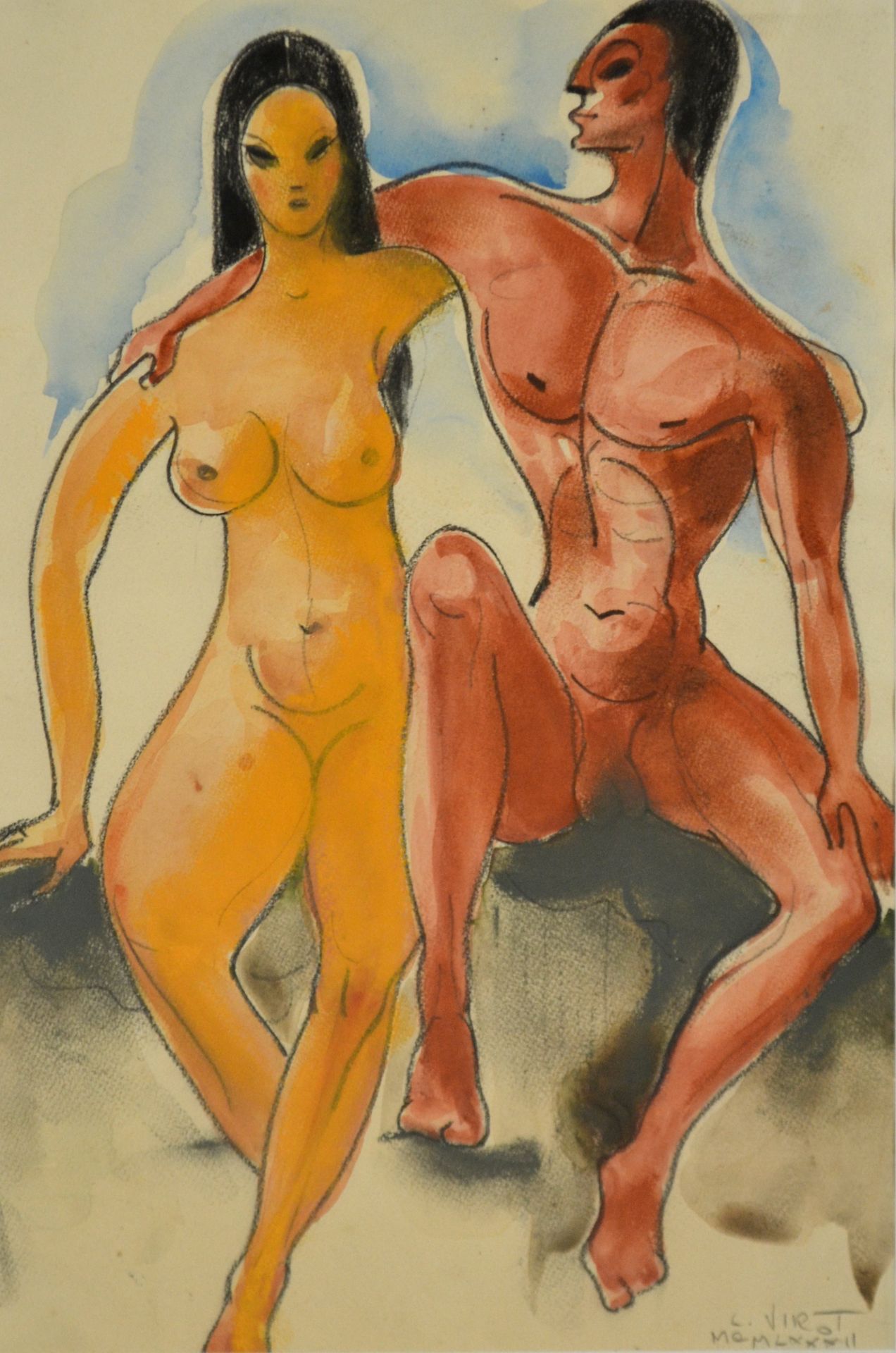 Null 吕西安-VIROT（1909-2003）。坐着的裸体夫妇。水彩和石墨，右下角有签名和日期1986年的罗马数字。33.5 x 23 cm 附：三个星座，&hellip;