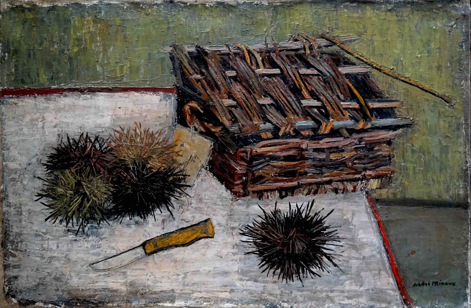 Null André MINAUX (1923-1986) Les oursins. Huile sur toile signée en bas à droit&hellip;