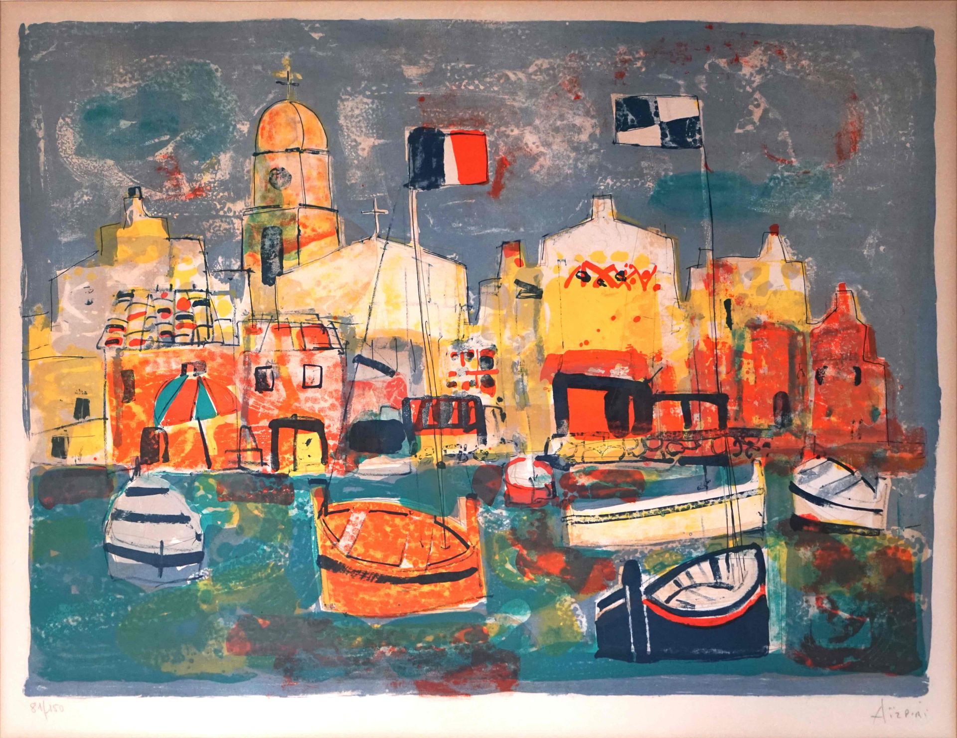 Null Paul AIZPIRI (1919-2016). Il porto di Saint-Tropez. Litografia firmata in b&hellip;