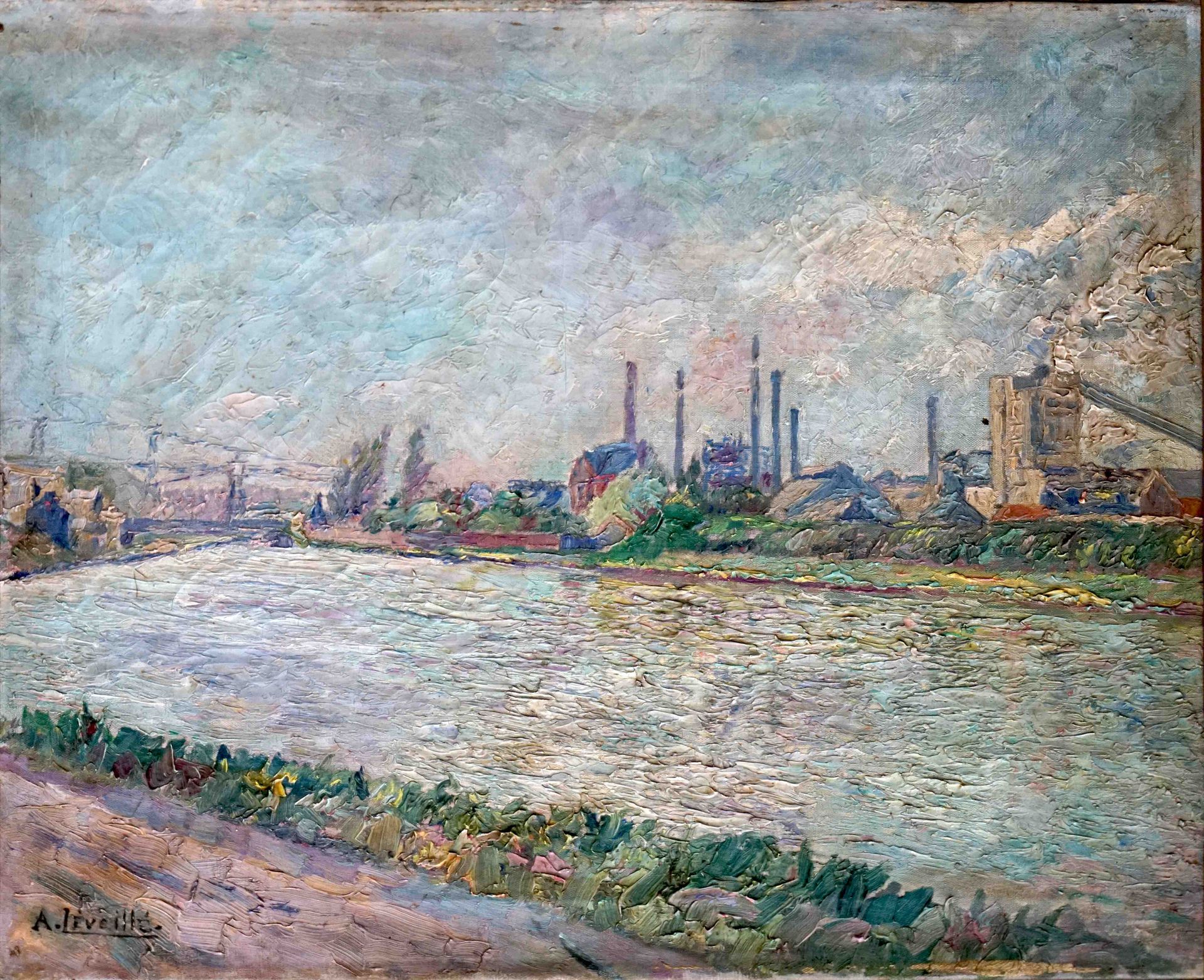 Null André LEVEILLÉ (1880-1963) 河边的工厂。油画，左下角有签名。40 x 50厘米（沿框架有金漆的痕迹）。