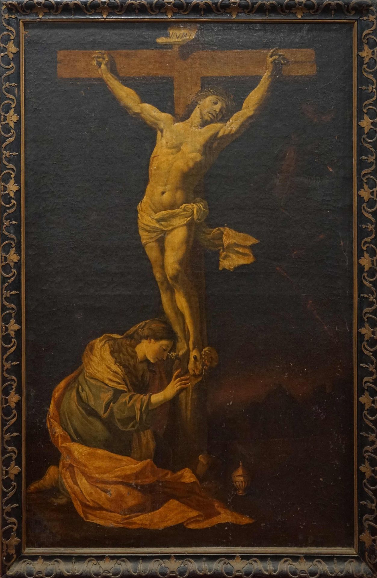 Null 19世纪的法国学校。基督在十字架上与抹大拉的马利亚在一起。布面油画118 x 80厘米。事故和修复。