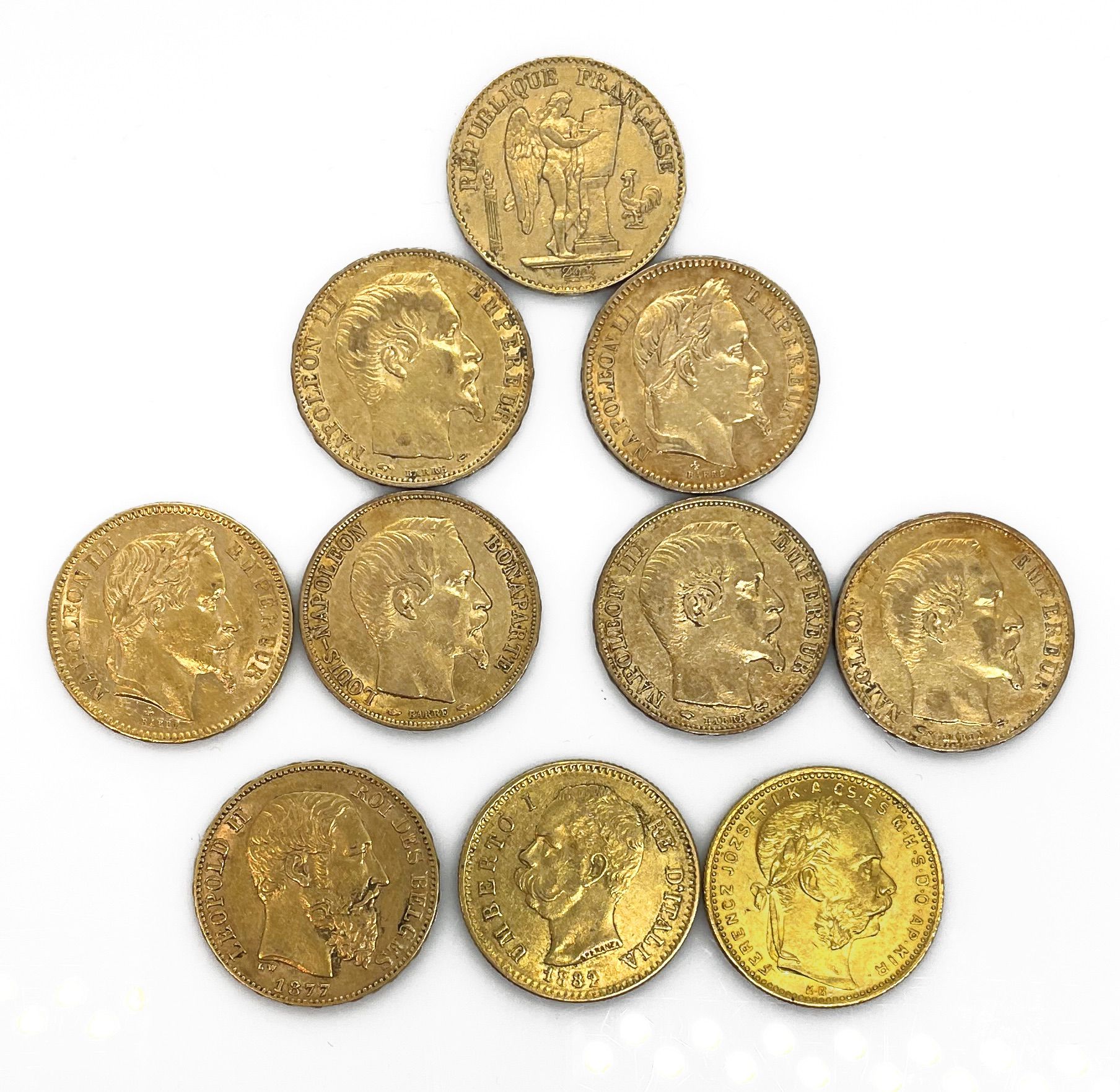 Null 十枚金币：七枚20法郎的拿破仑三世金币（6枚）和带翅膀的天才（1枚），一枚20法郎的马扎尔-弗朗索瓦-约瑟夫金币，一枚20里拉的翁贝托一世金币和一枚2&hellip;