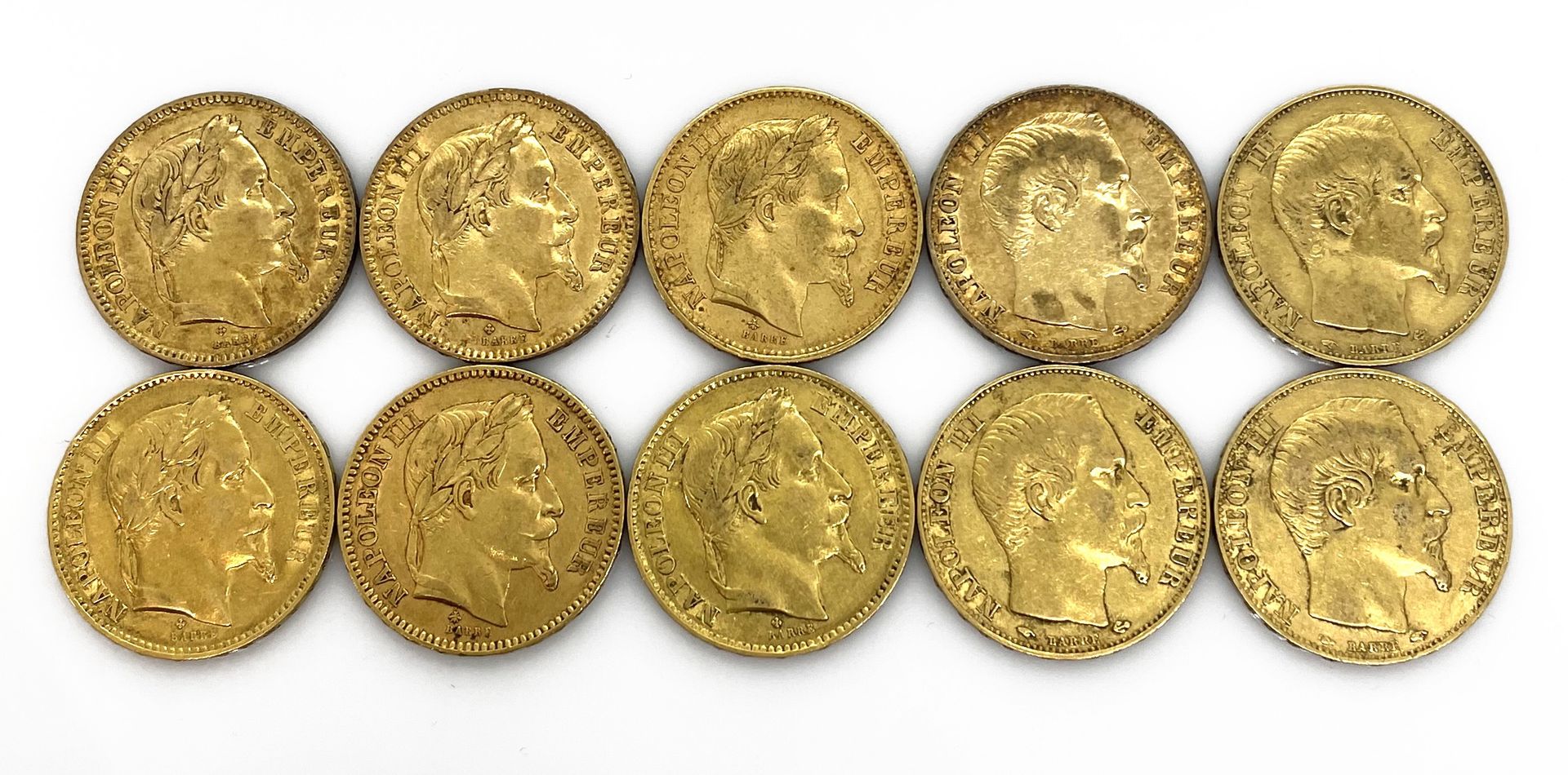Null DIECI monete d'oro da 20 franchi Napoleone III laureato e non laureato