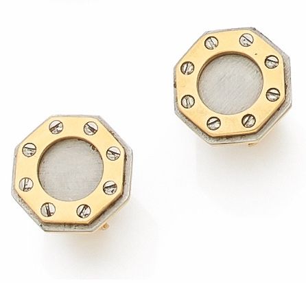 Null 卡地亚。黄金750密尔和精钢八角形款式 Santos Dumont 耳环。年代：1990年。毛重4.4克（据说有扣子）。