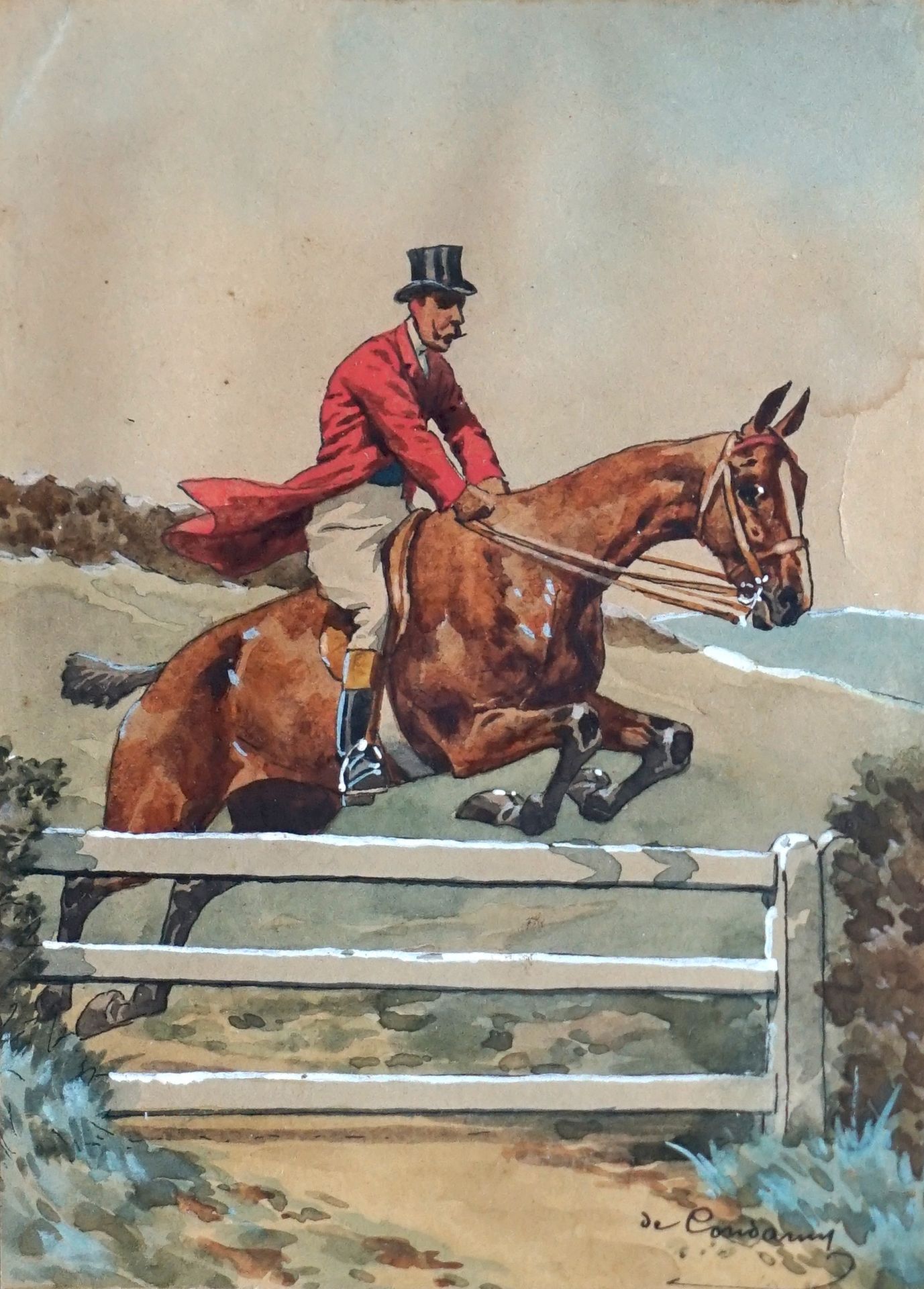 Null Charles-Ferdinand de CONDAMY (1847-1913) Le saut de la barrière. Aquarelle &hellip;